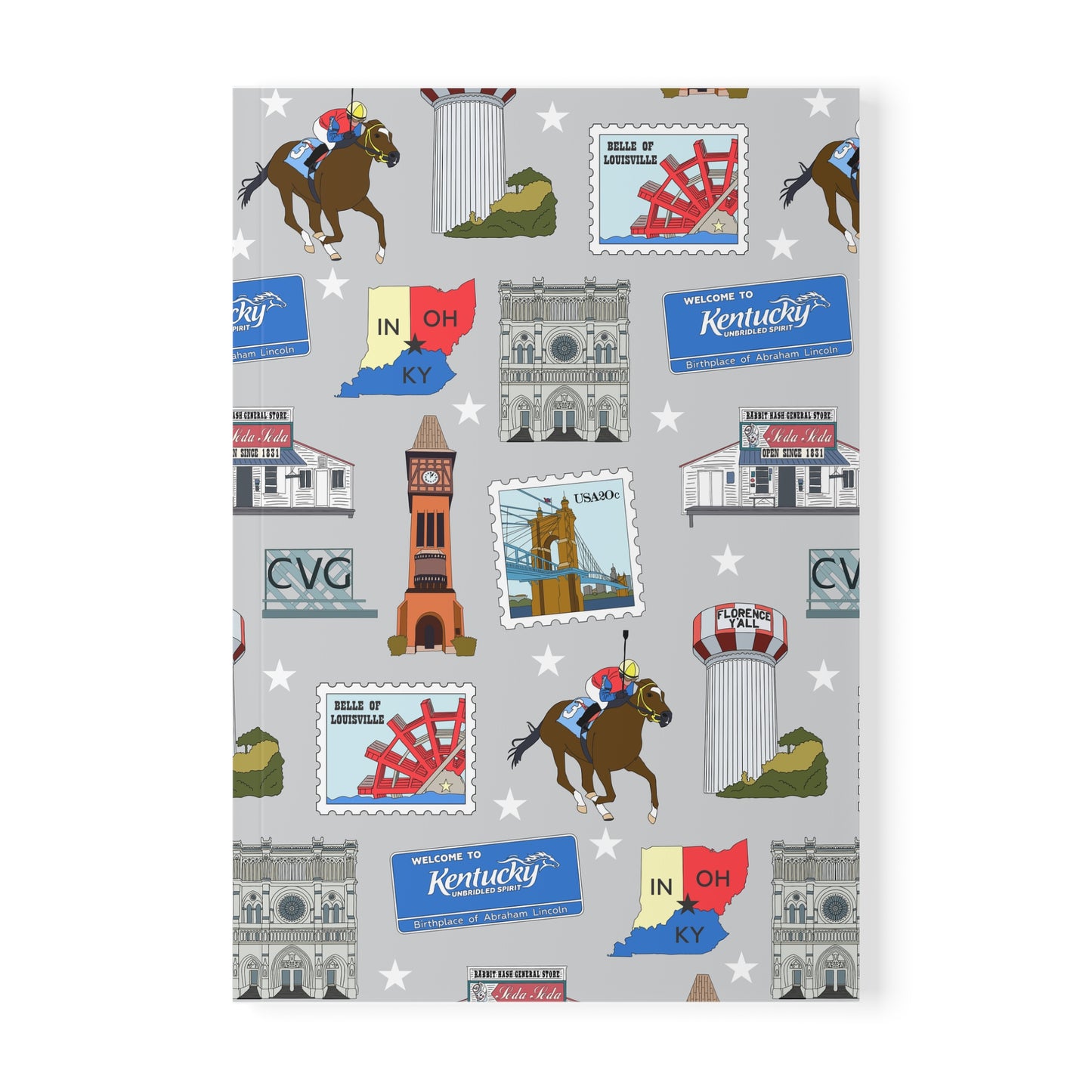 Paperback notebook with Florence, Covington & Burlington of Northern Kentucky KY, Indiana IN, Cincinnati Ohio OH landmarks in greyish 150 lined pages