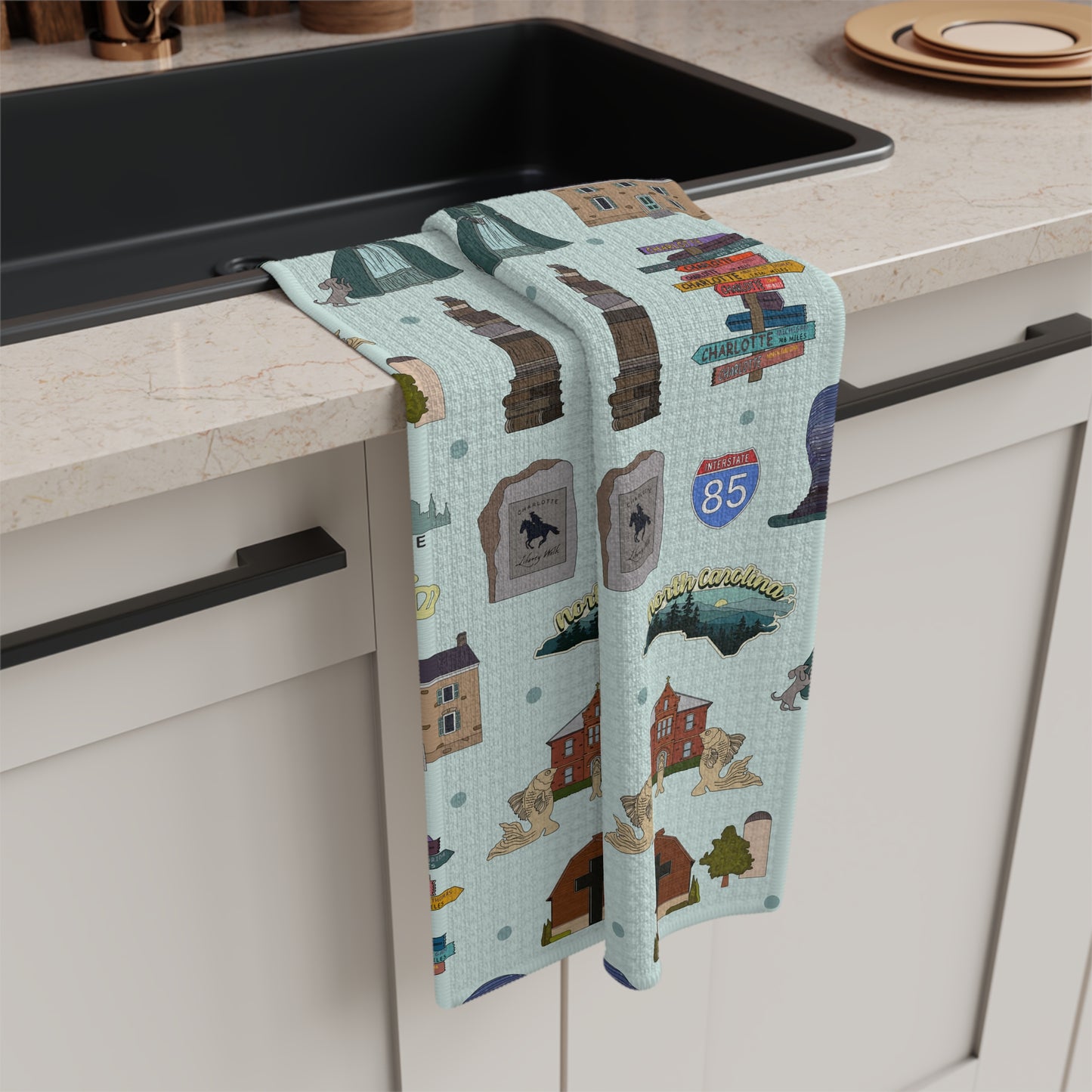 Kitchen Towel with Charlotte, North Carolina NC in patina