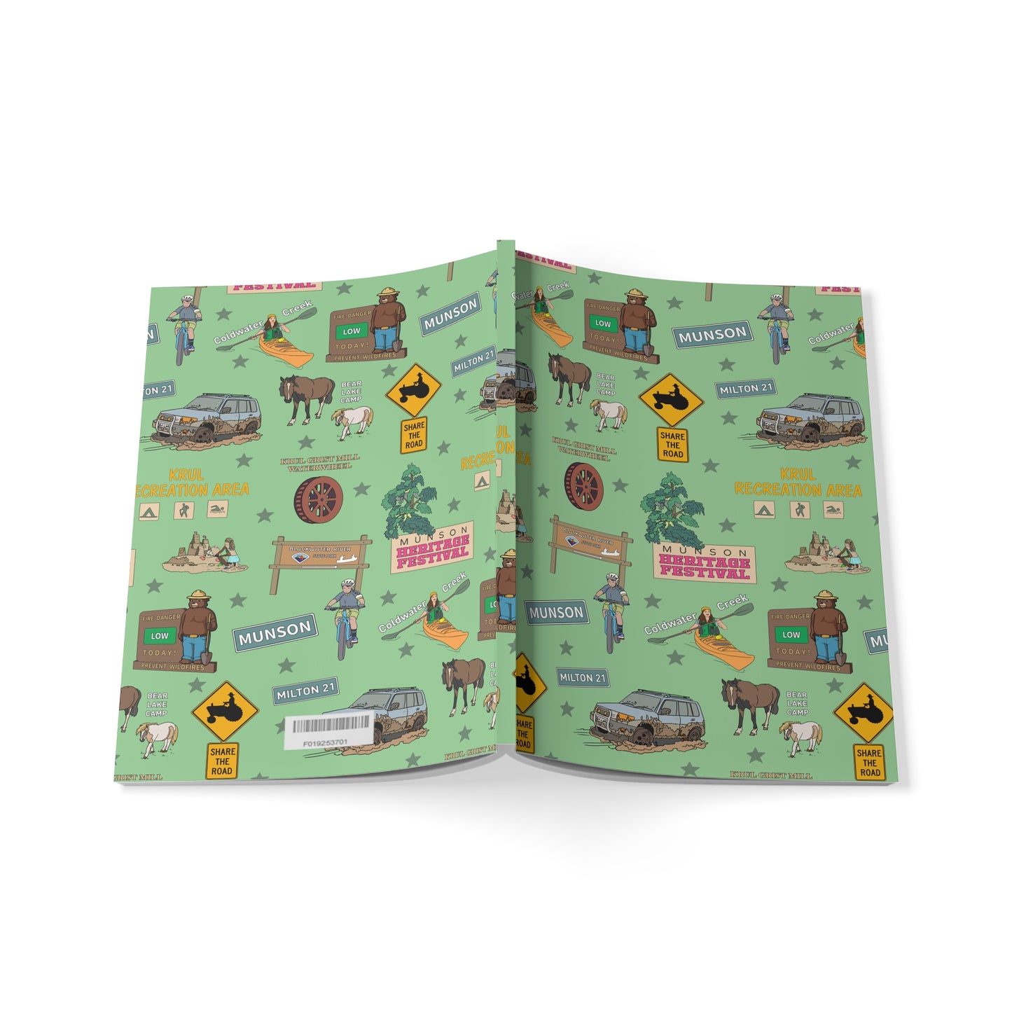 Paperback notebook with Munson, FL landmarks in green 150 lined pages