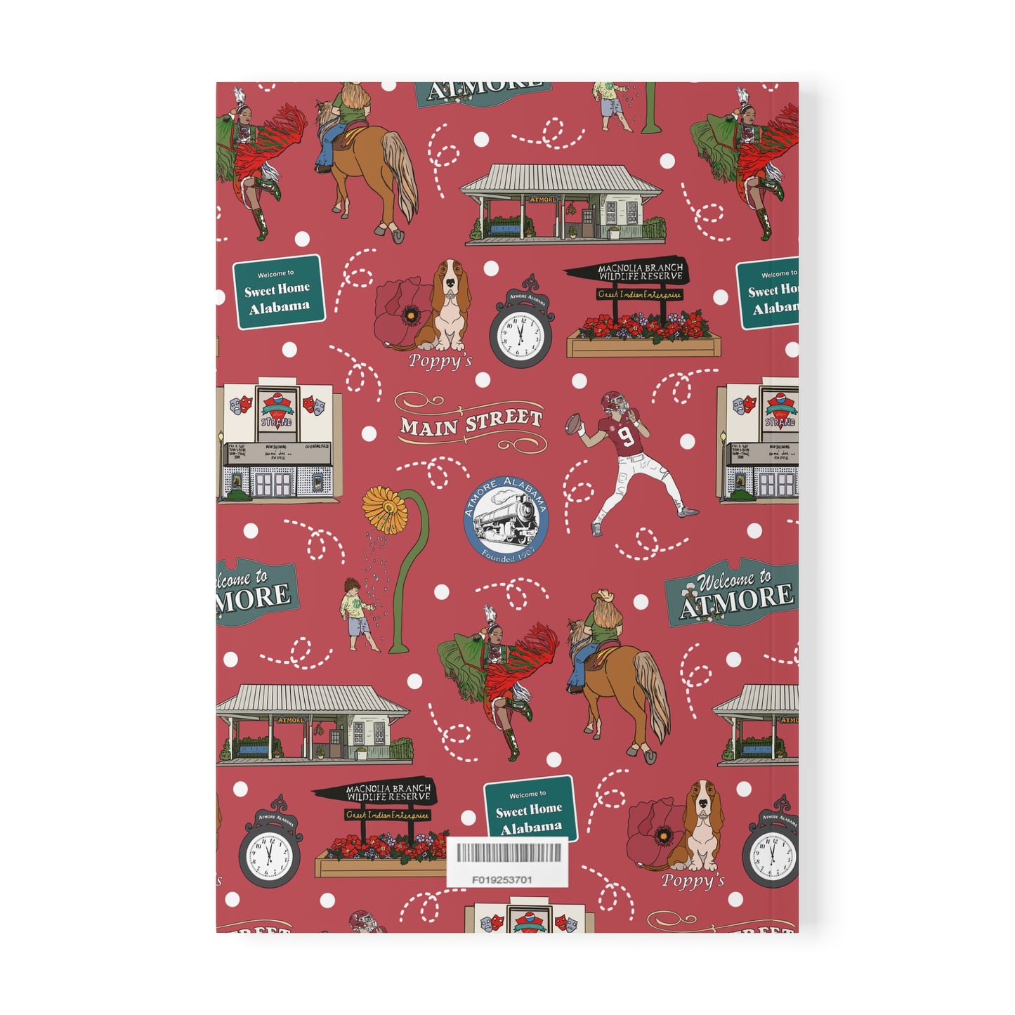 Paperback notebook with Atmore, AL landmarks in crimson 150 lined pages