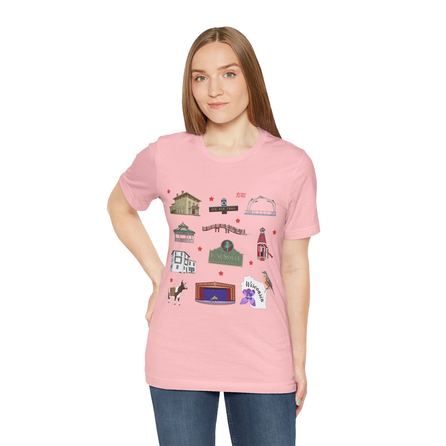 Unisex Jersey Short Sleeve Tee with Janesville, Wisconsin WI landmarks print