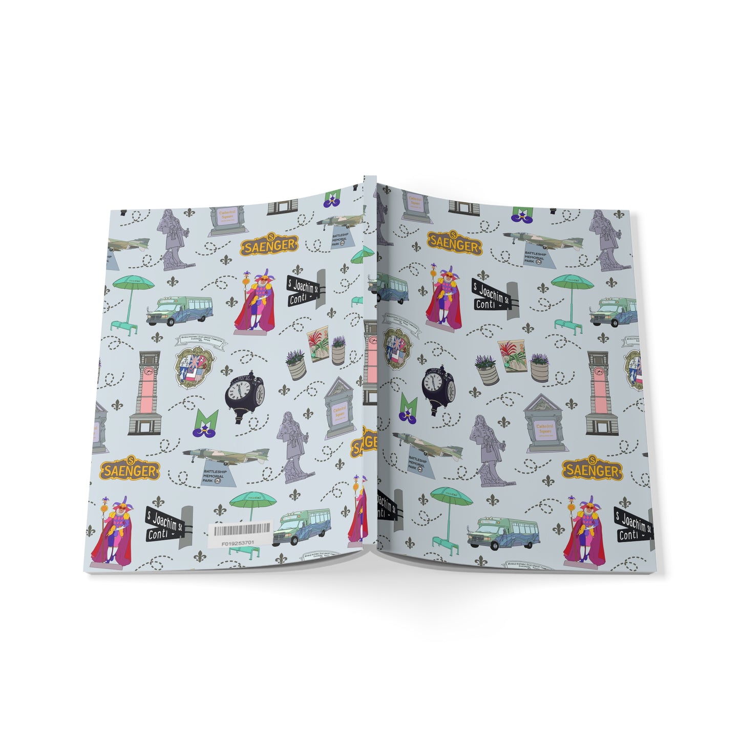 Paperback notebook with Mobile, AL and Mardi Gras landmarks in silver 150 lined pages