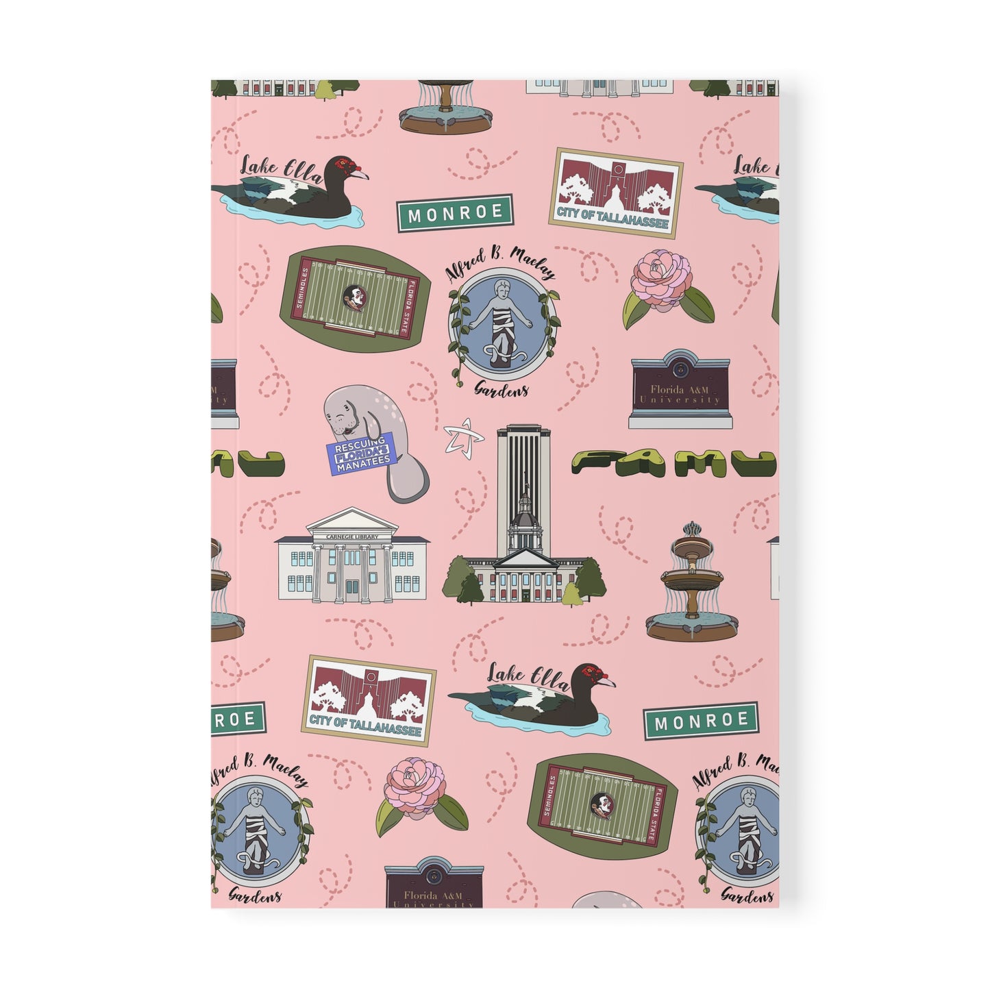 Paperback notebook with Tallahassee Florida FL landmarks in rose 150 lined pages