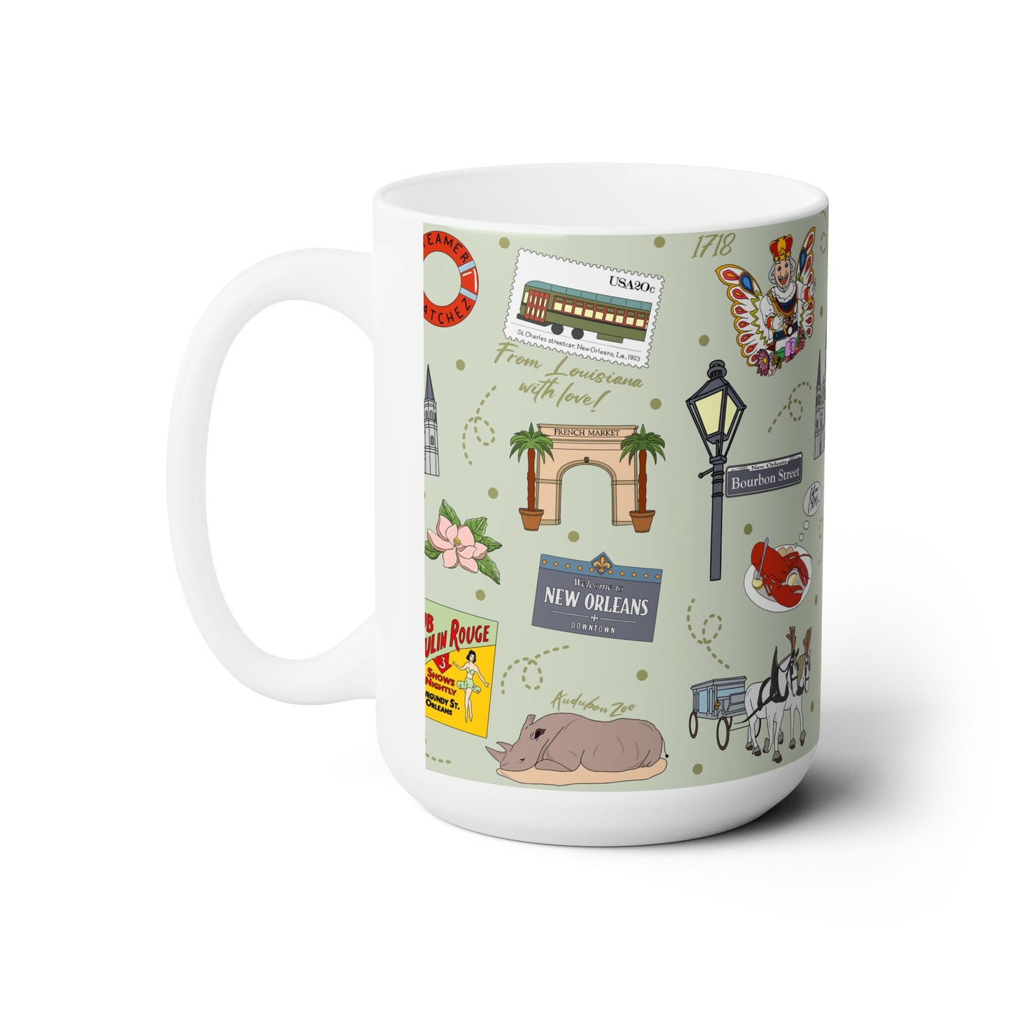 Ceramic Mug 15oz with New Orleans, Louisiana LA in sage