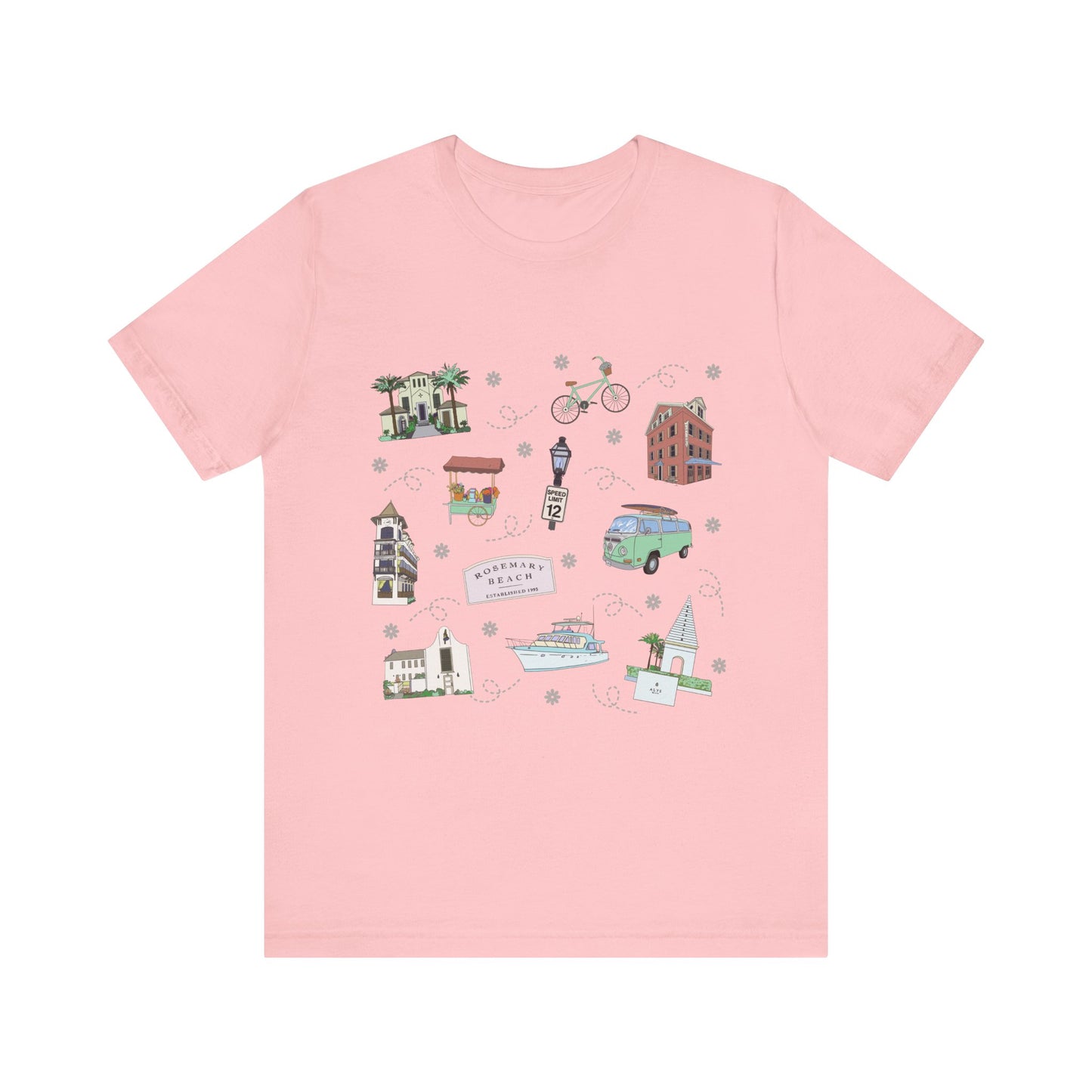 Unisex Jersey Short Sleeve Tee with Rosemary & Alys Beaches of 30A Florida FL landmarks print