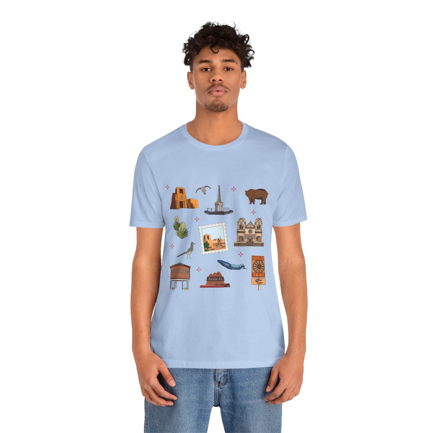 Unisex Jersey Short Sleeve Tee with Santa Fe, New Mexico NM landmarks print