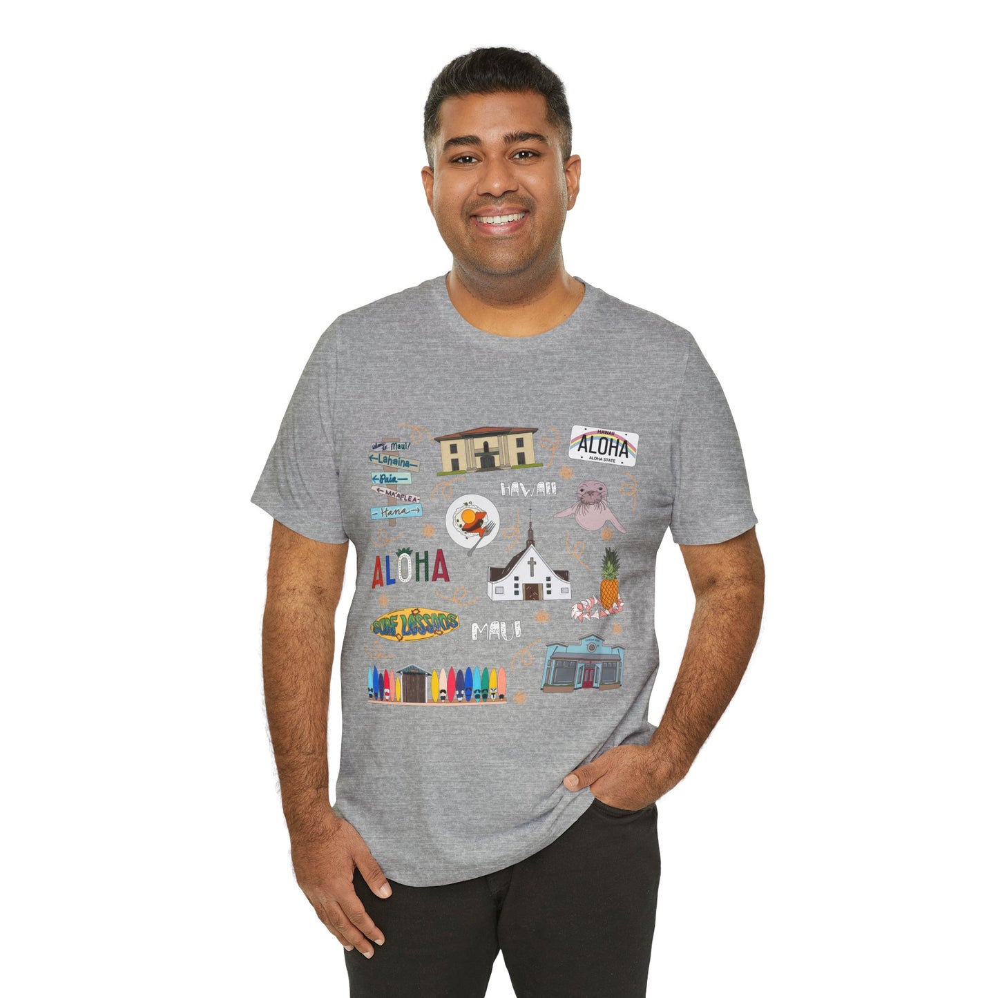 Unisex Jersey Short Sleeve Tee with Maui, Hawaii HI landmarks print