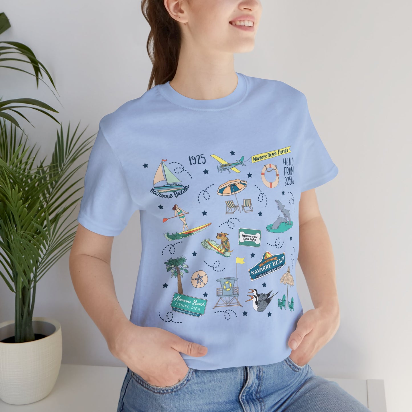 Unisex Jersey Short Sleeve Tee with Navarre Beach Florida FL landmarks print