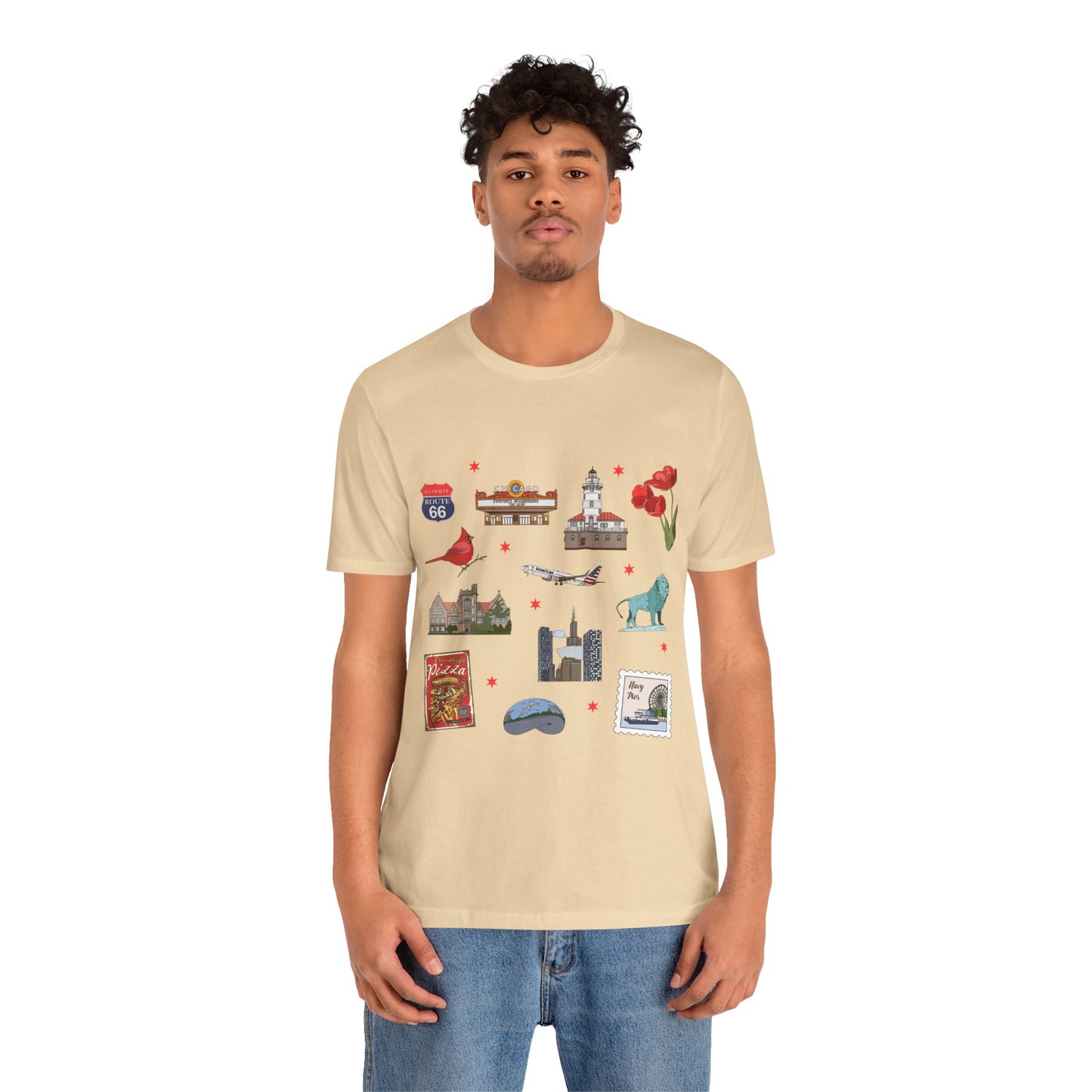Unisex Jersey Short Sleeve Tee with Chicago, Illinois IL landmarks print