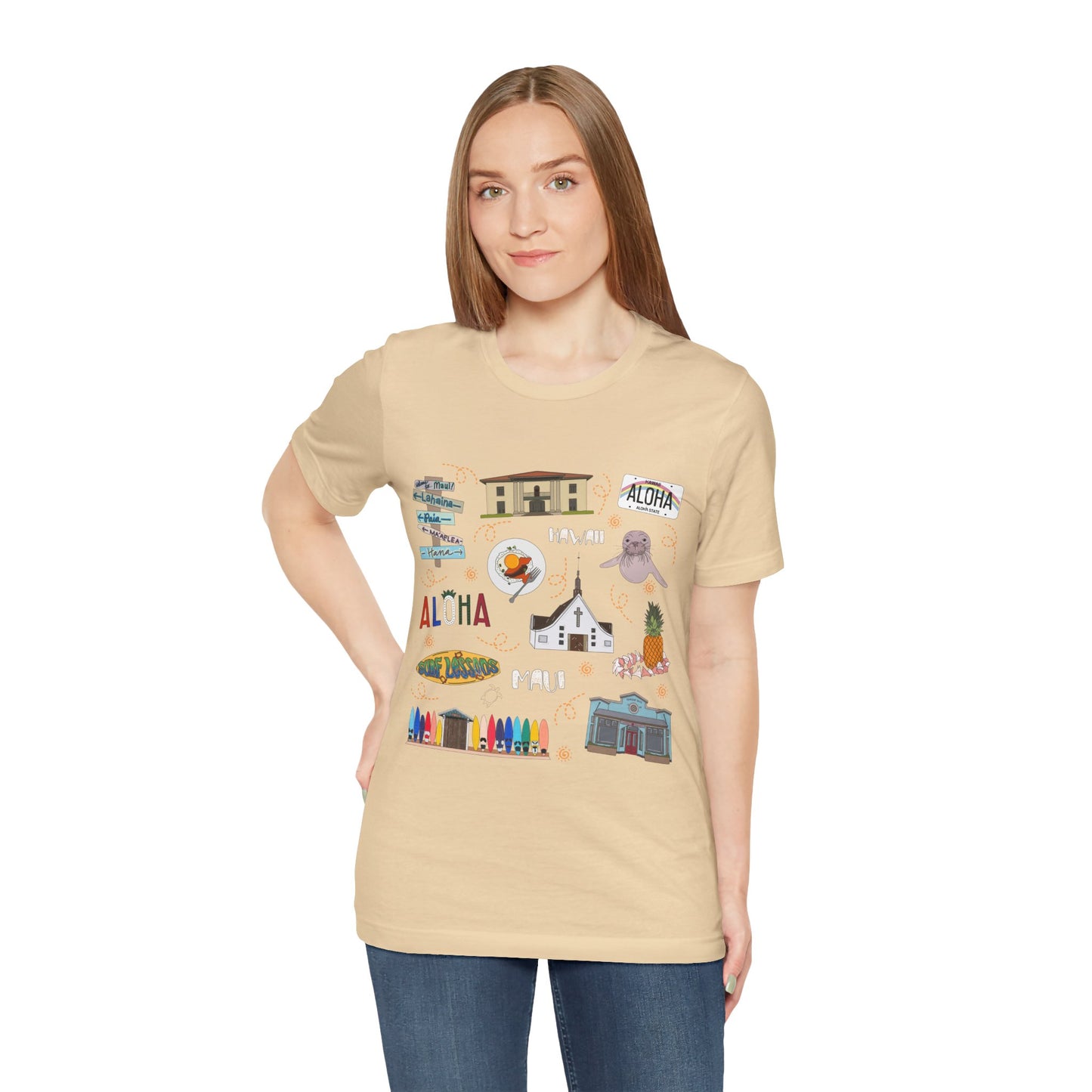 Unisex Jersey Short Sleeve Tee with Maui, Hawaii HI landmarks print