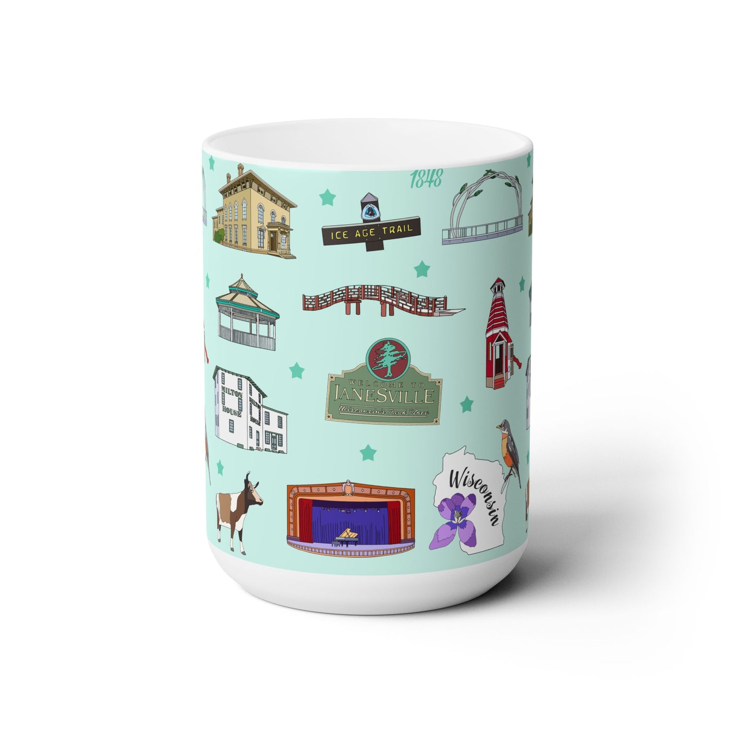 Ceramic Mug 15oz with Janesville, Wisconsin WI in mint