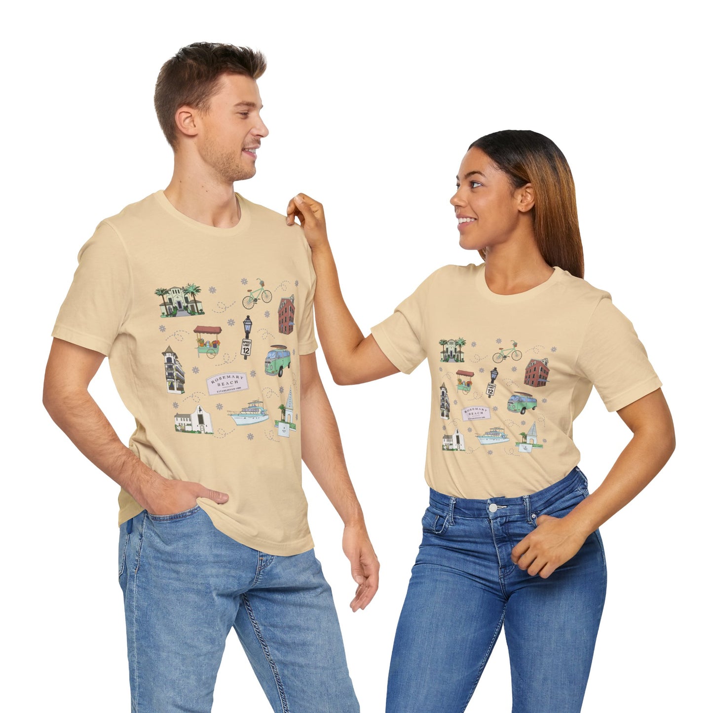 Unisex Jersey Short Sleeve Tee with Rosemary & Alys Beaches of 30A Florida FL landmarks print
