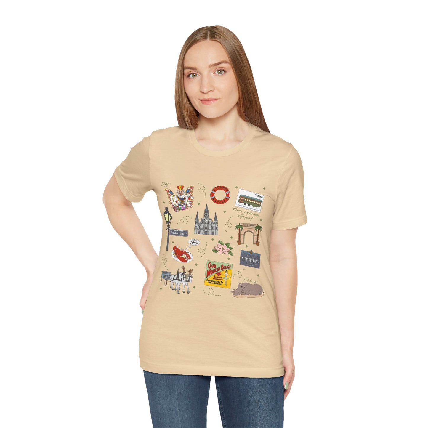Unisex Jersey Short Sleeve Tee with New Orleans, Louisiana LA landmarks print