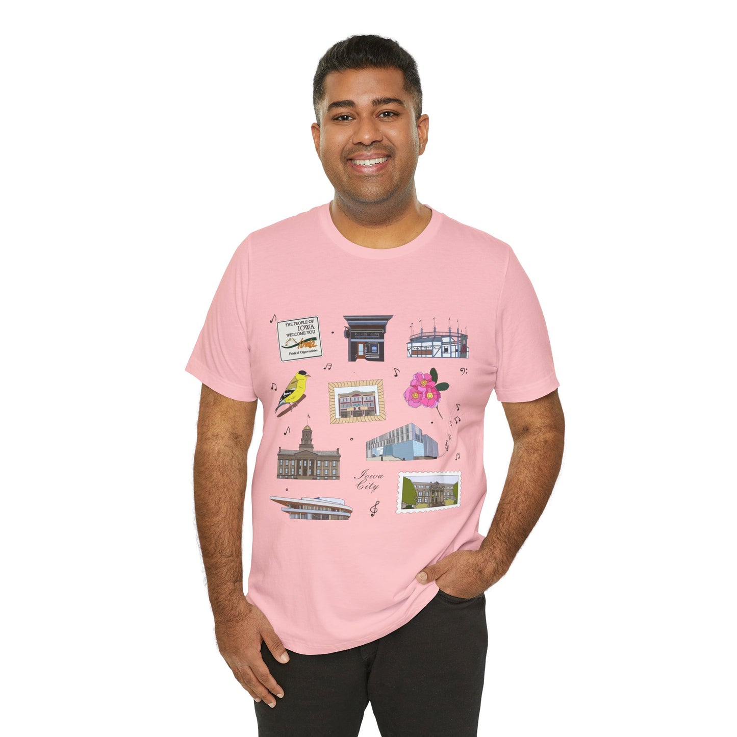 Unisex Jersey Short Sleeve Tee with Iowa City, Iowa IA landmarks print