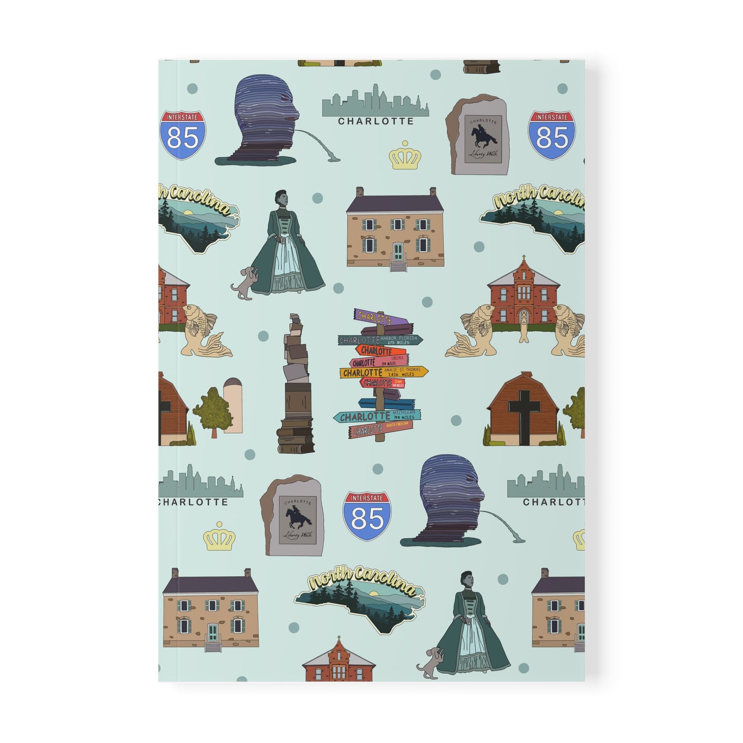 Paperback notebook with Charlotte, North Carolina NC landmarks in patina 150 lined pages
