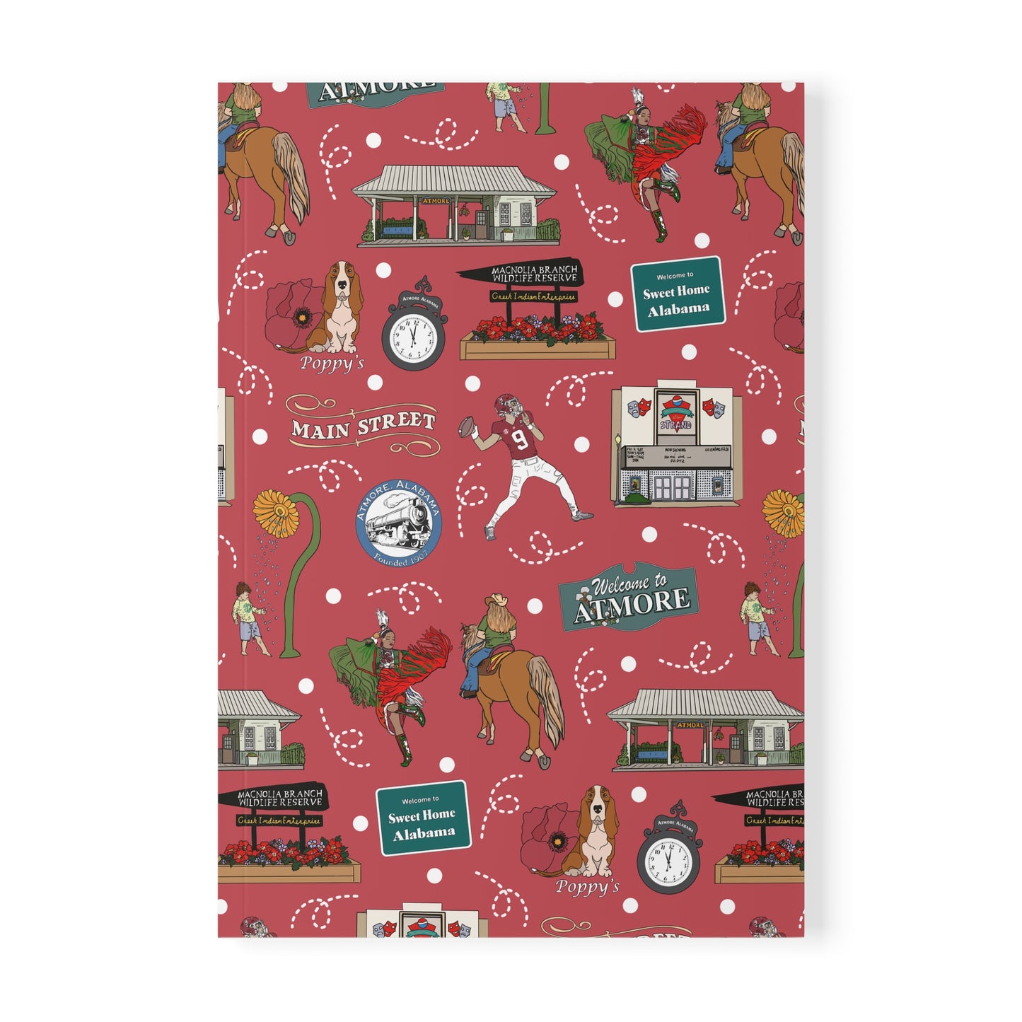 Paperback notebook with Atmore, AL landmarks in crimson 150 lined pages