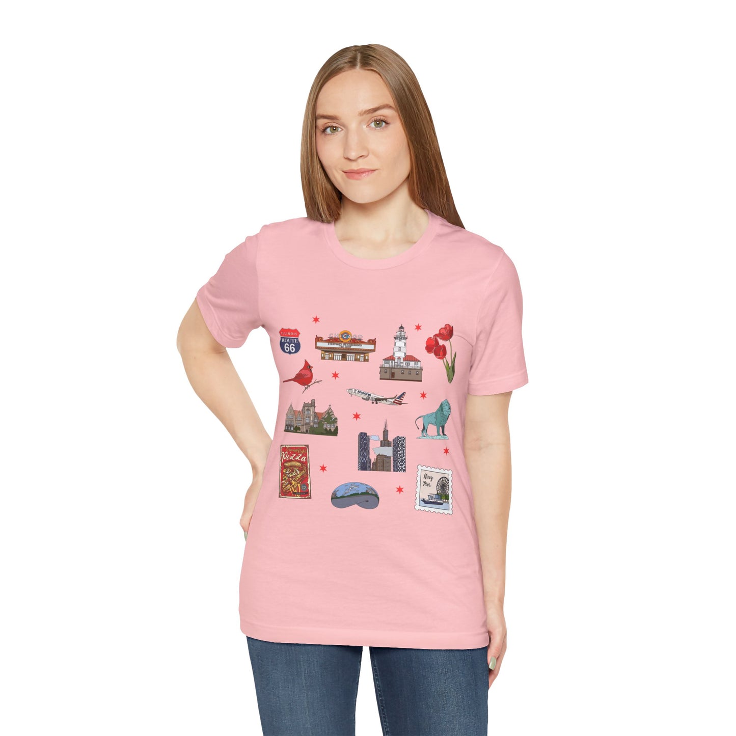 Unisex Jersey Short Sleeve Tee with Chicago, Illinois IL landmarks print