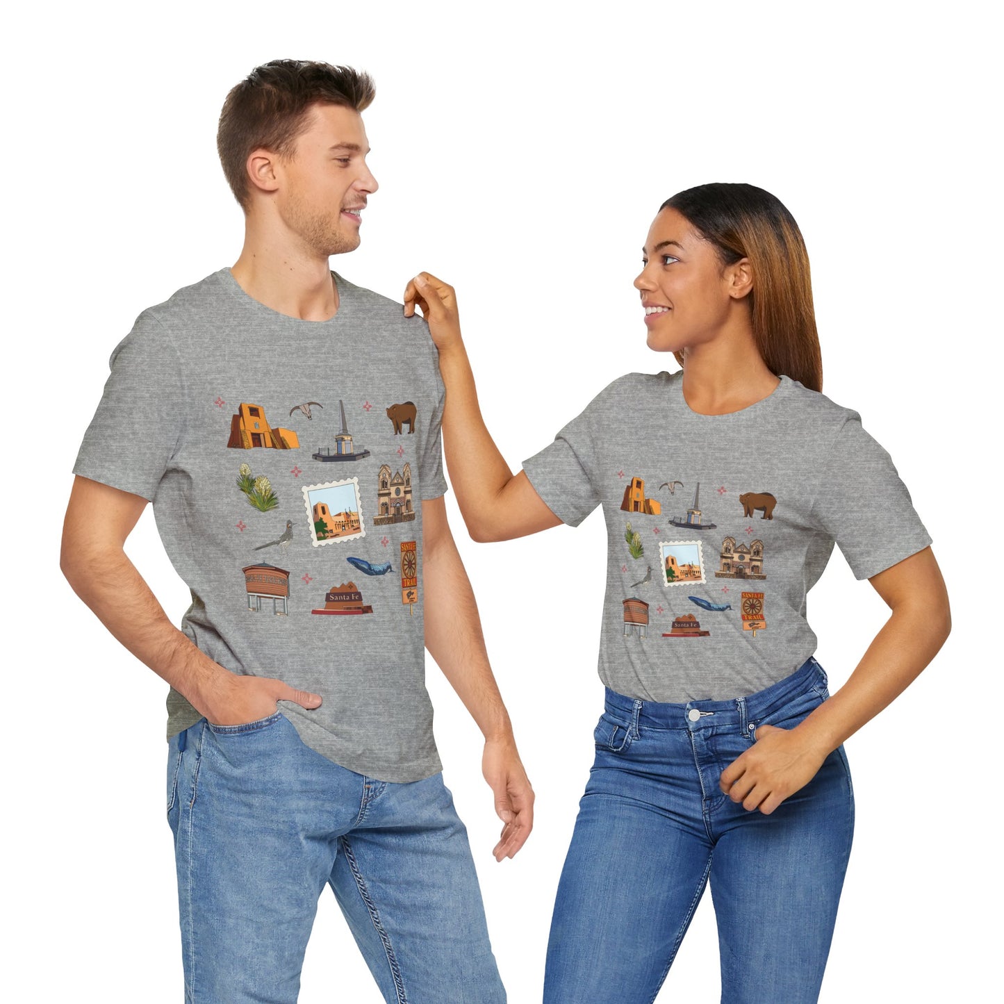 Unisex Jersey Short Sleeve Tee with Santa Fe, New Mexico NM landmarks print