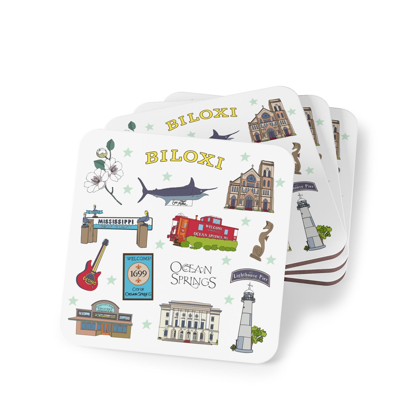 Set of 4 Ceramic Mug Coasters with Biloxi & Ocean Springs, Mississippi MS