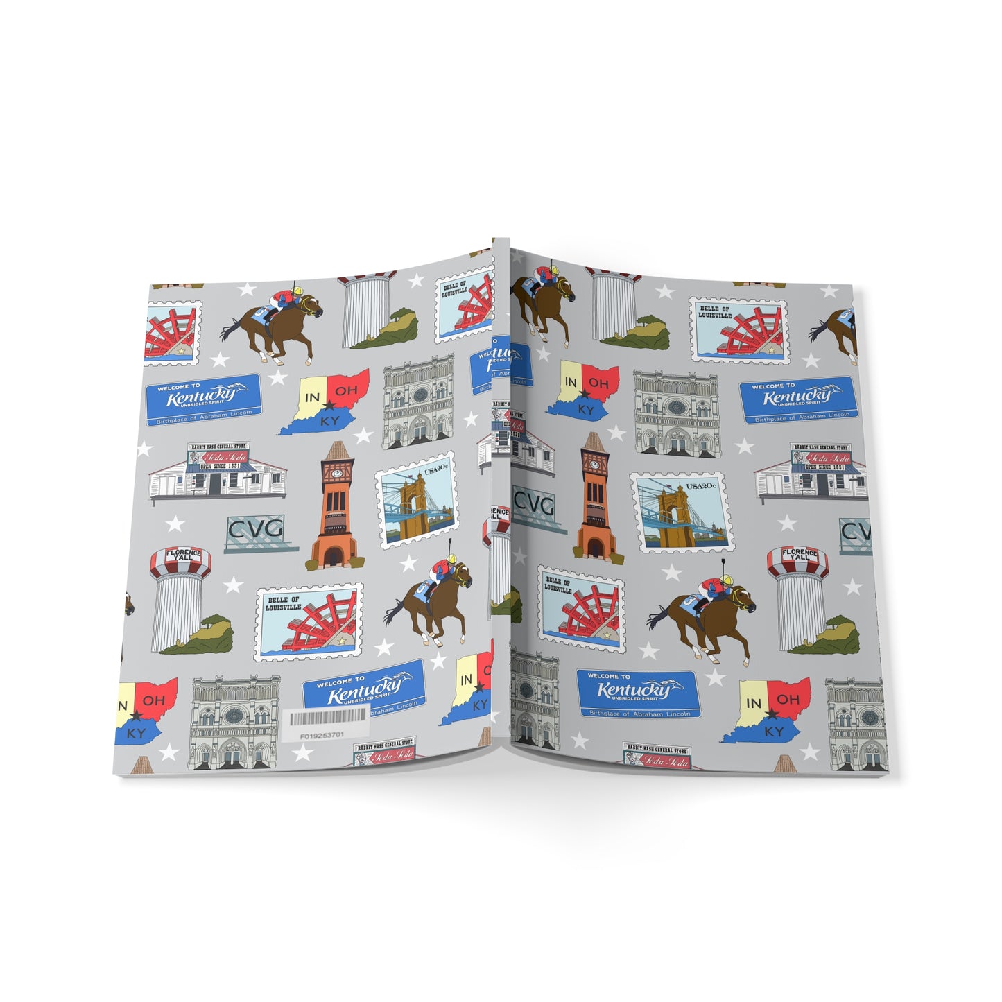 Paperback notebook with Florence, Covington & Burlington of Northern Kentucky KY, Indiana IN, Cincinnati Ohio OH landmarks in greyish 150 lined pages