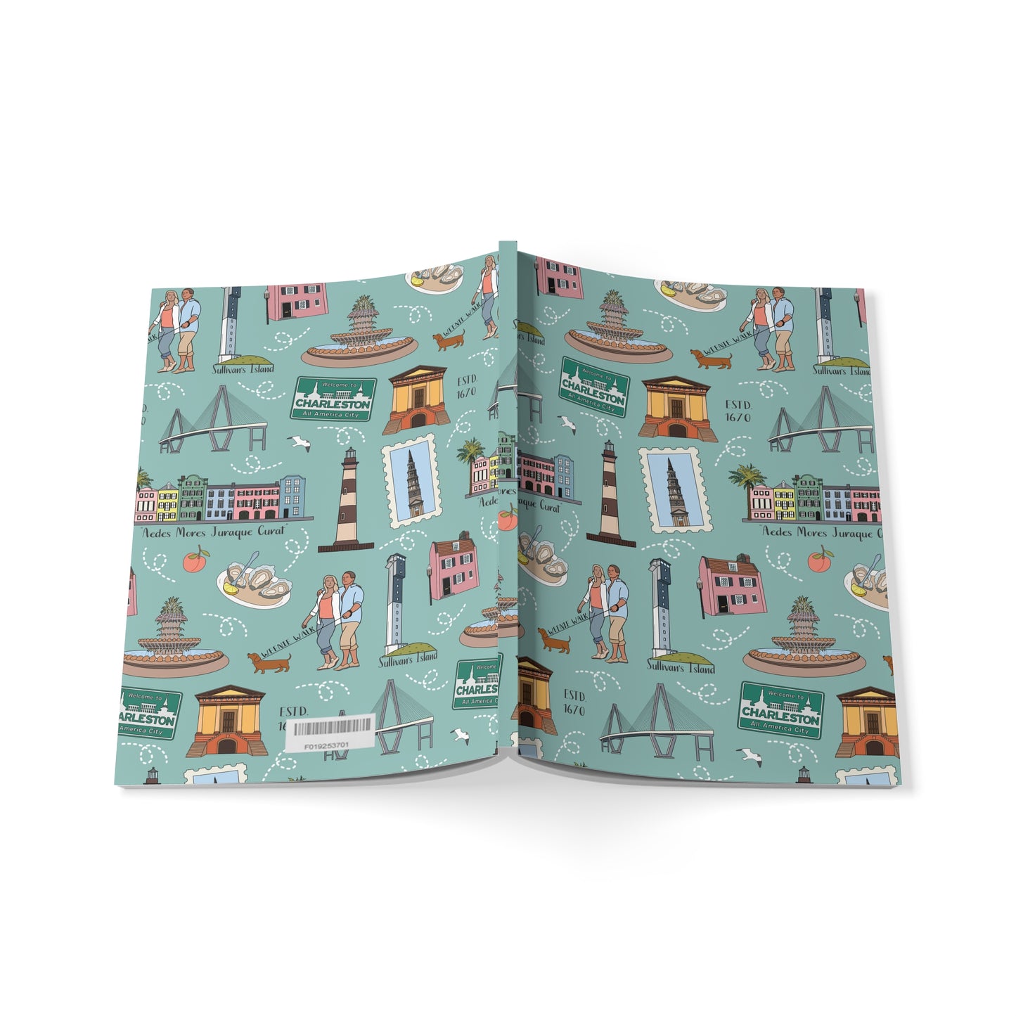 Paperback notebook with Charleston, SC landmarks in teal 150 lined pages