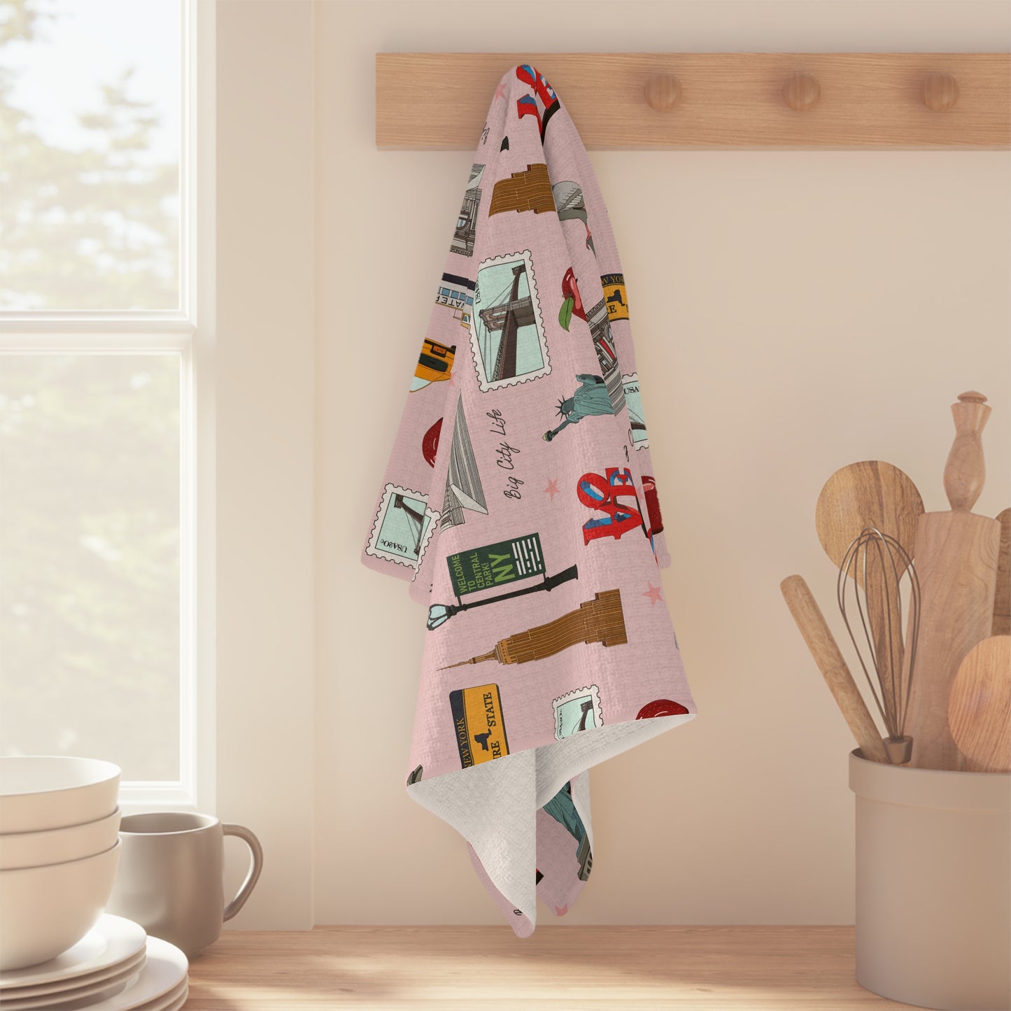 Kitchen Towel with New York City, Manhattan, Brooklyn NY in pink