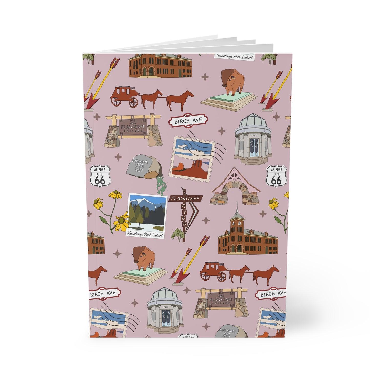 Paperback notebook with Flagstaff, AZ landmarks in mauve 150 lined pages