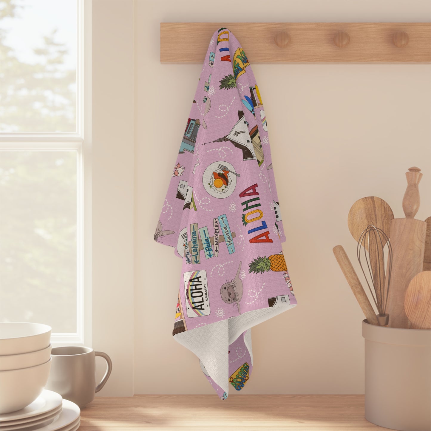 Kitchen Towel with Maui, Hawaii HI in berry