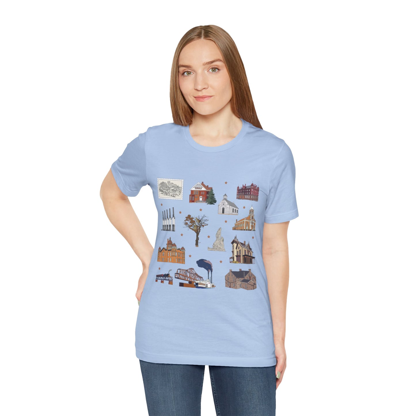 Unisex Jersey Short Sleeve Tee with South St. Paul, Mendota, Hastings, Hampton, Inver Grove Heights near the Minneapolis Minnesota MN landmarks print
