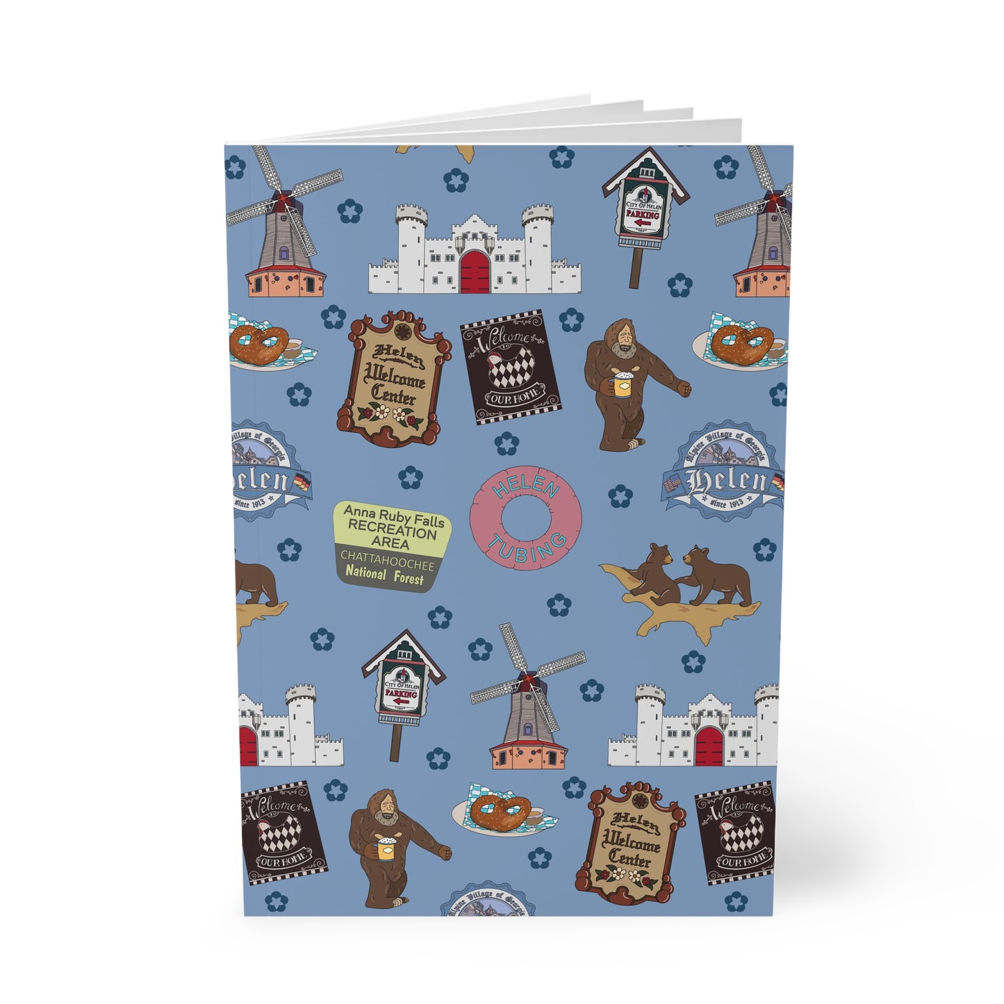 Paperback notebook with Helen, Georgia GA landmarks in blue 150 lined pages