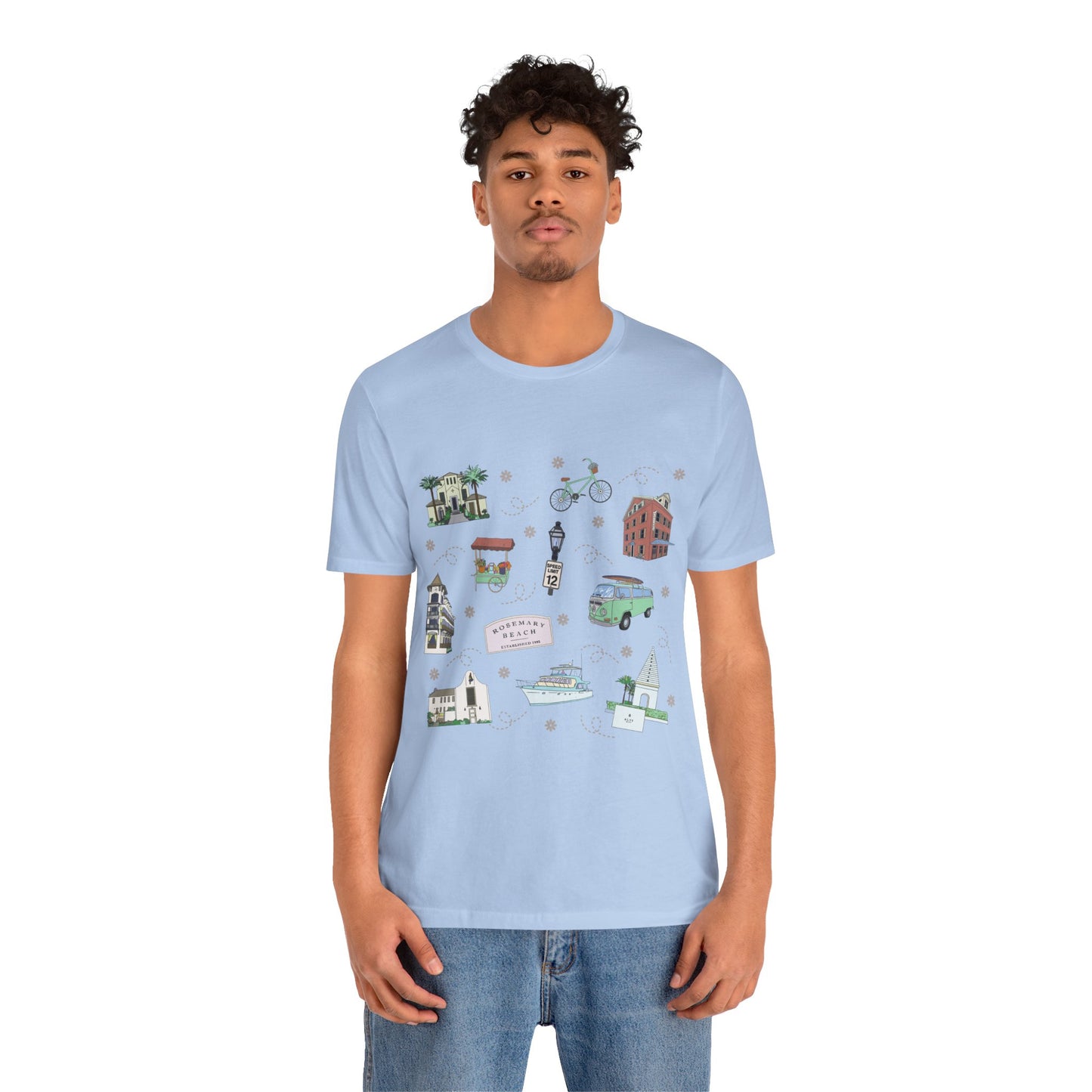Unisex Jersey Short Sleeve Tee with Rosemary & Alys Beaches of 30A Florida FL landmarks print