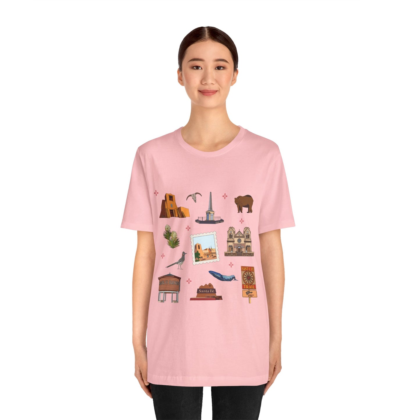 Unisex Jersey Short Sleeve Tee with Santa Fe, New Mexico NM landmarks print