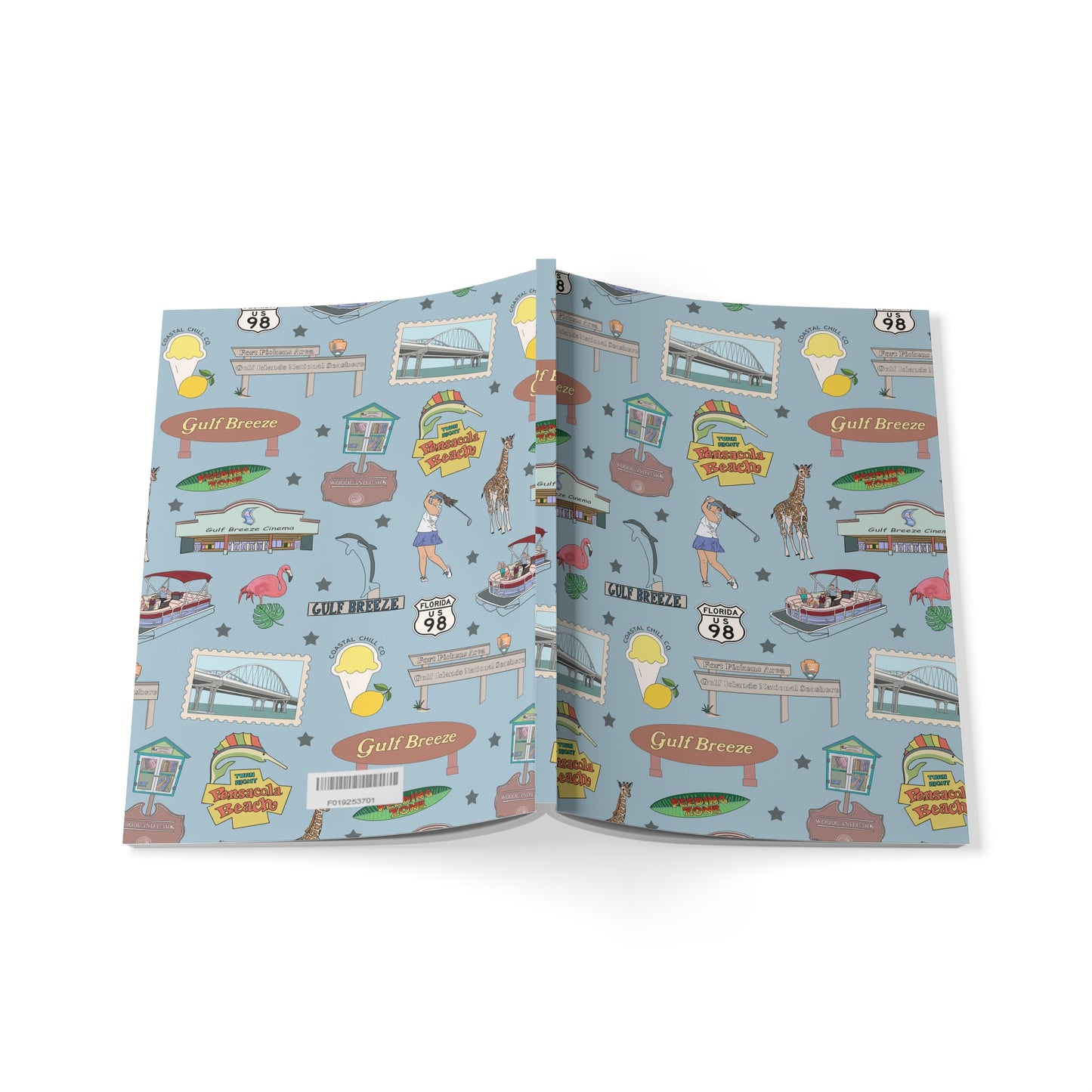 Paperback notebook with Gulf Breeze, FL landmarks in ocean blue 150 lined pages