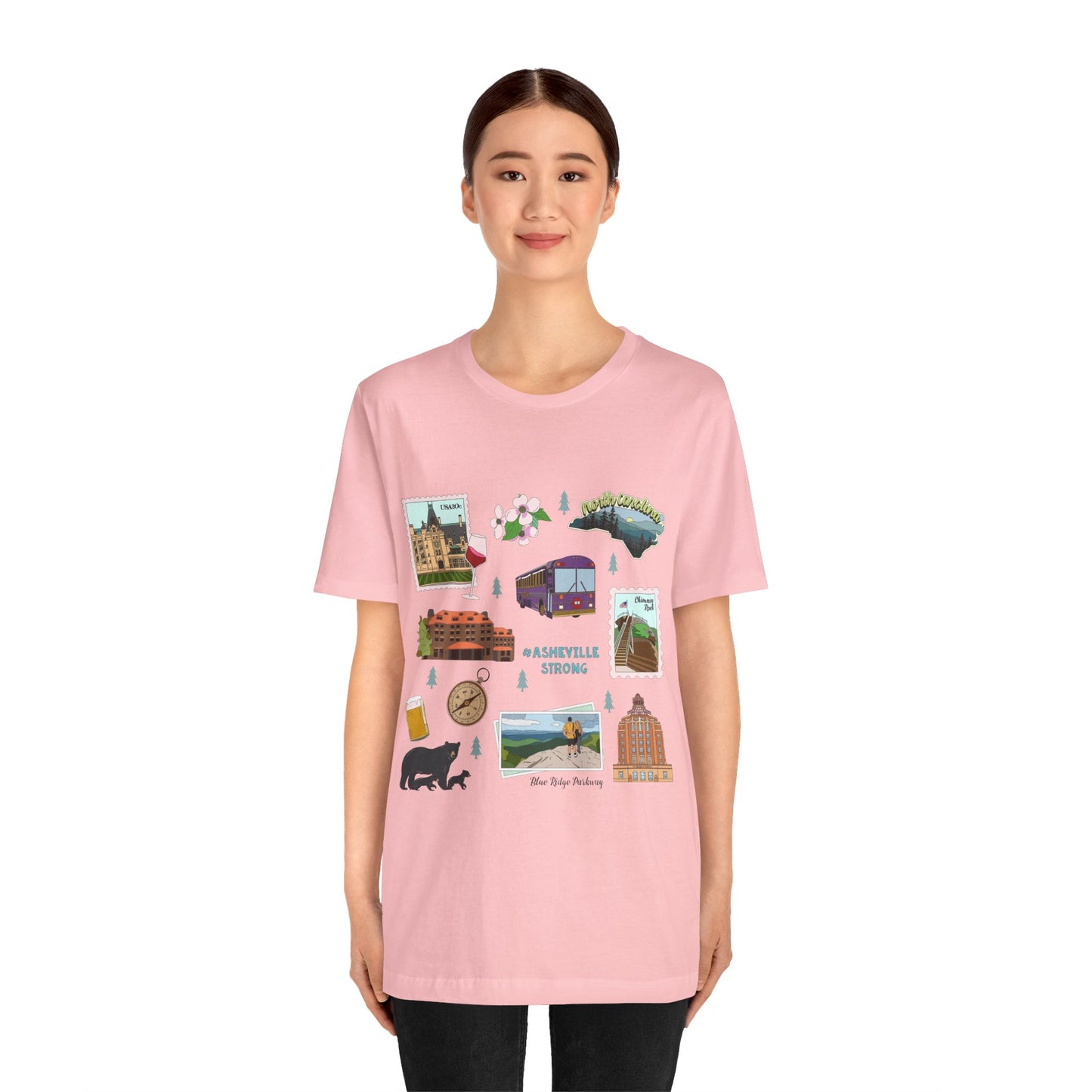 Unisex Jersey Short Sleeve Tee with Asheville, North Carolina NC landmarks print