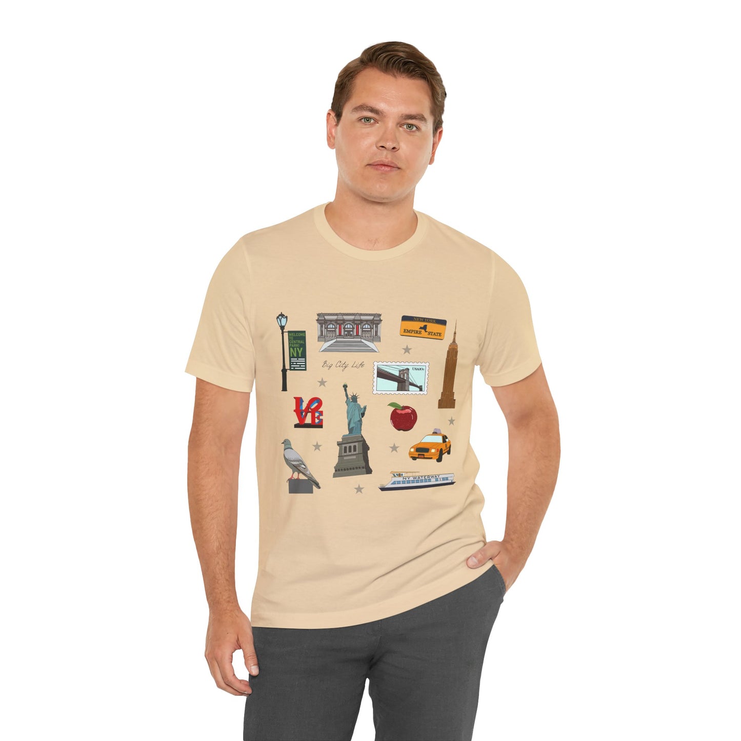 Unisex Jersey Short Sleeve Tee with New York City, Manhattan, Brooklyn NY landmarks print