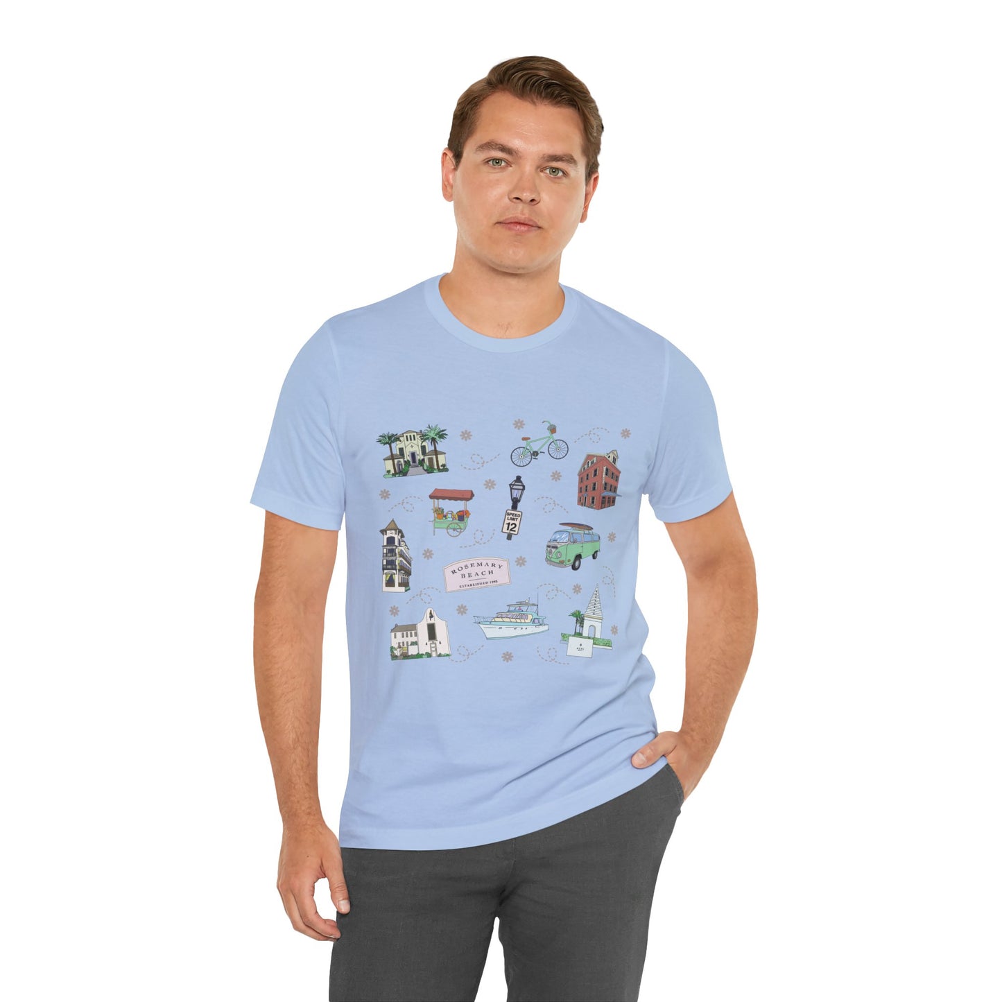 Unisex Jersey Short Sleeve Tee with Rosemary & Alys Beaches of 30A Florida FL landmarks print