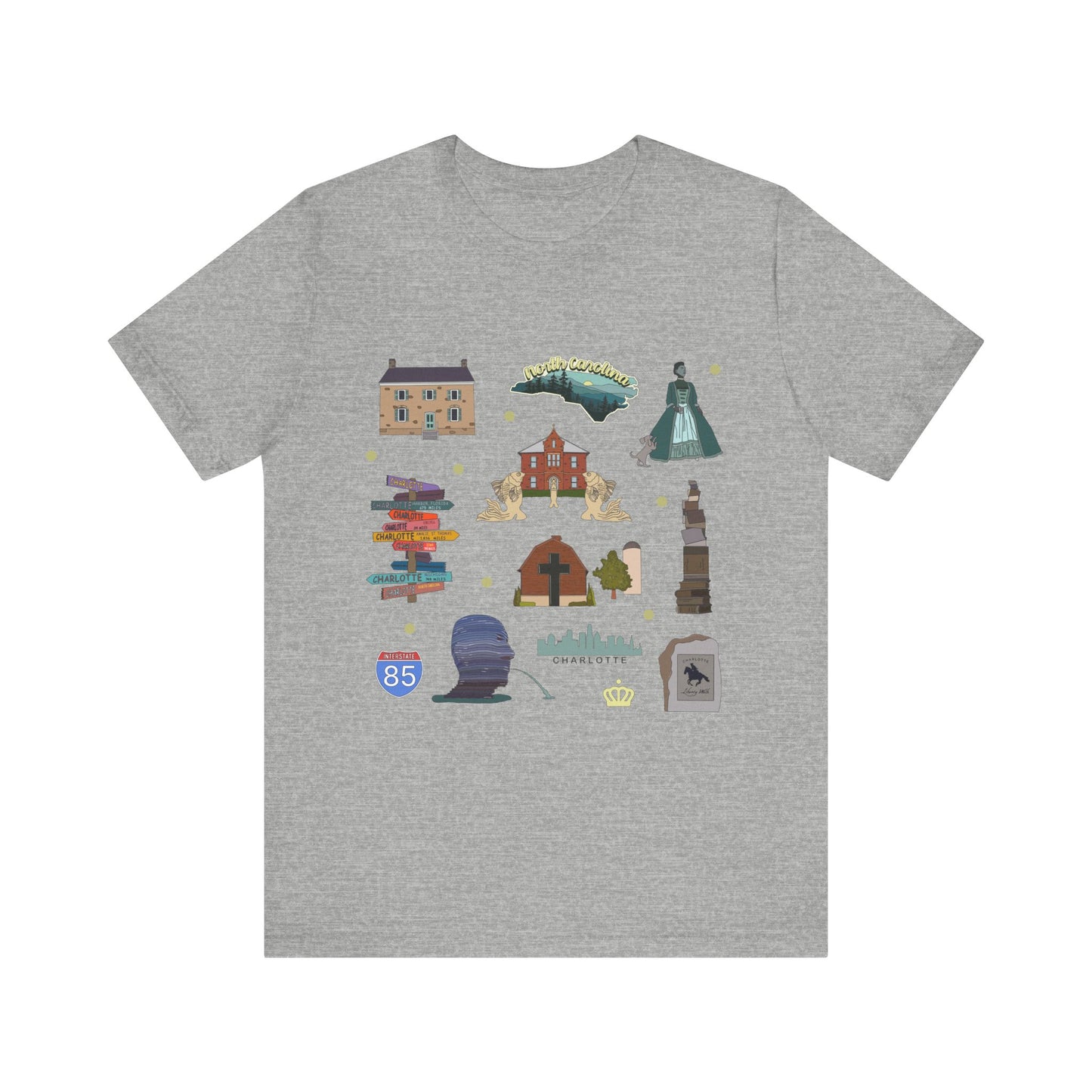 Unisex Jersey Short Sleeve Tee with Charlotte, North Carolina NC landmarks print