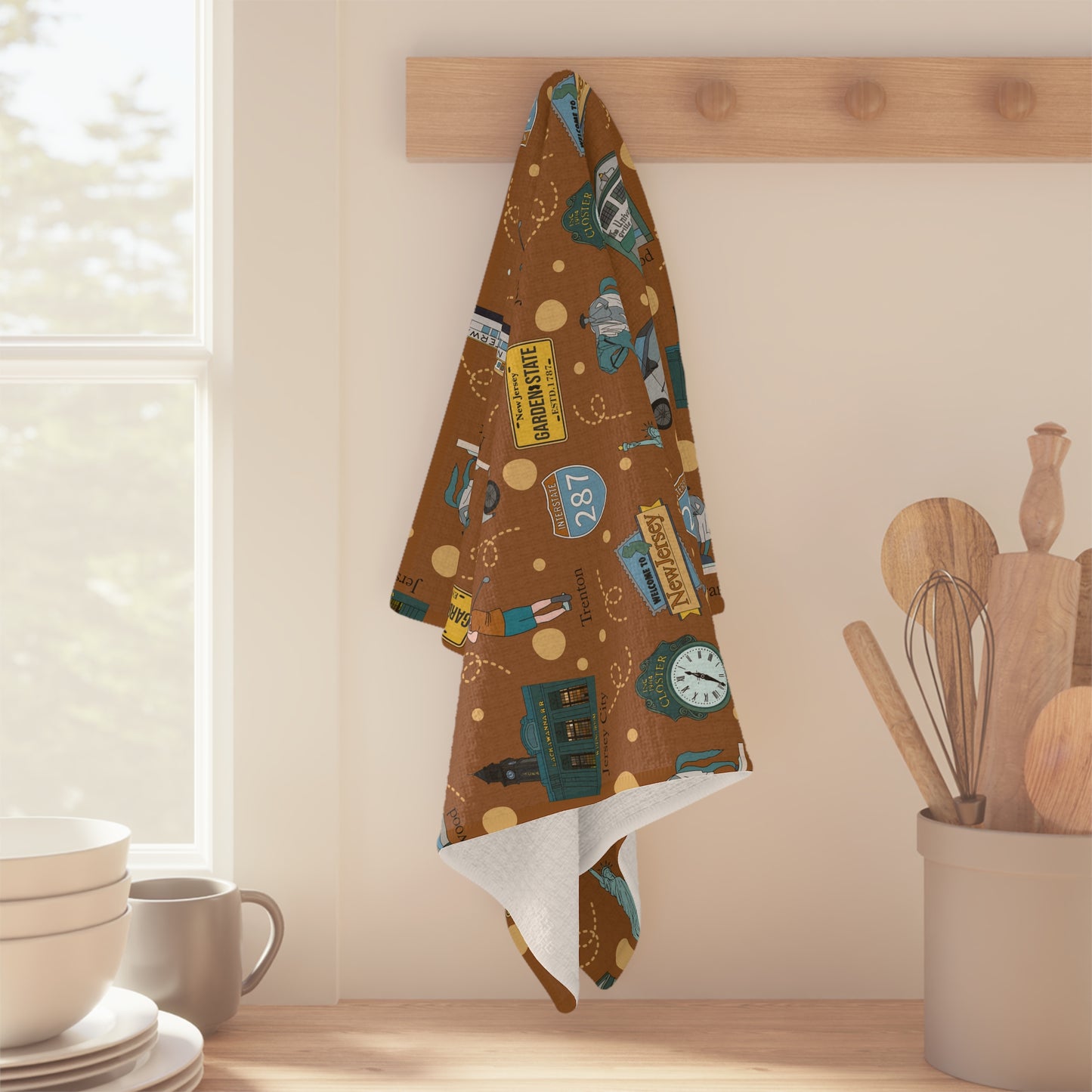 Kitchen Towel with New Jersey cities, NJ Trenton, Closter, Englewood, Newark, Hoboken in brown