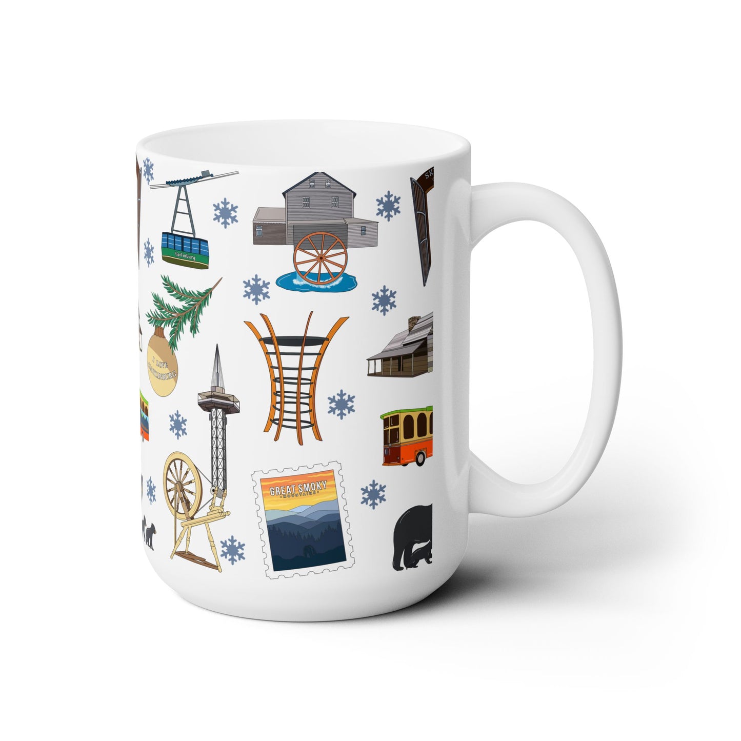 Ceramic Mug 15oz with Gatlinburg, TN and the Great Smoky Mountains in white