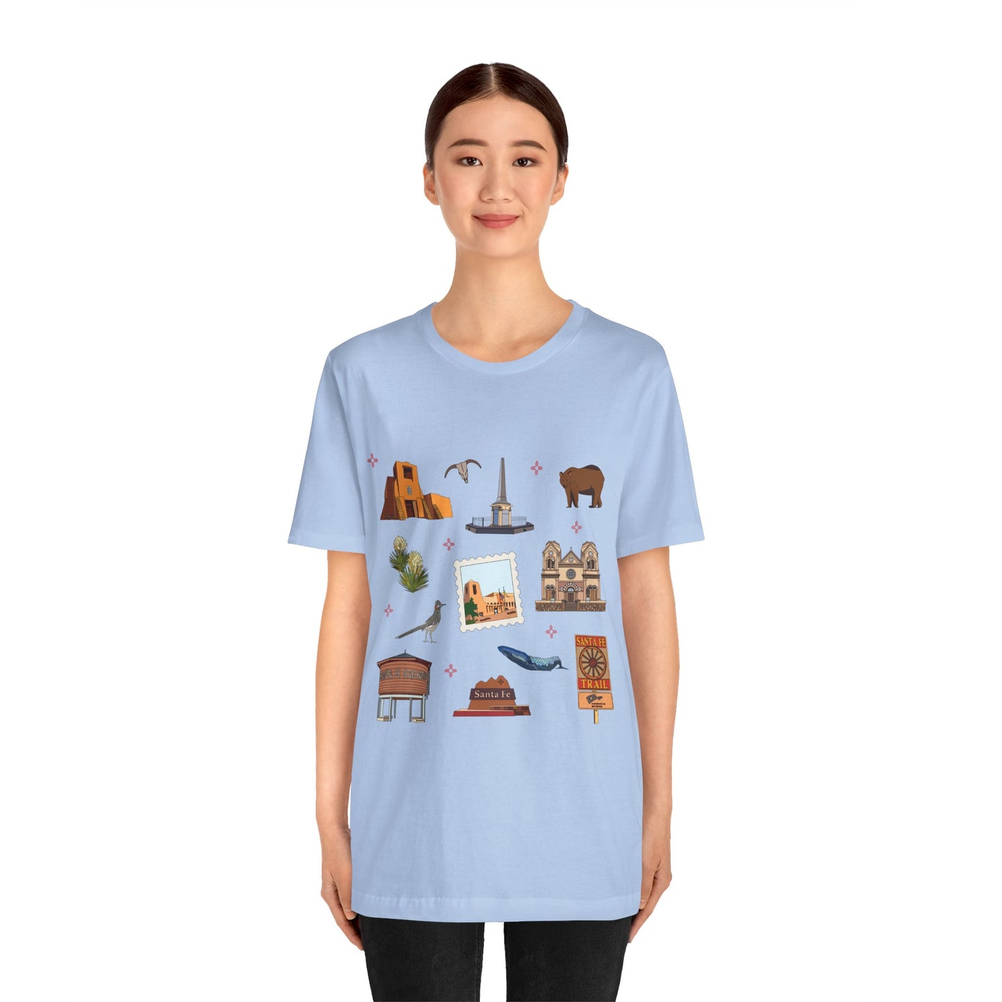 Unisex Jersey Short Sleeve Tee with Santa Fe, New Mexico NM landmarks print