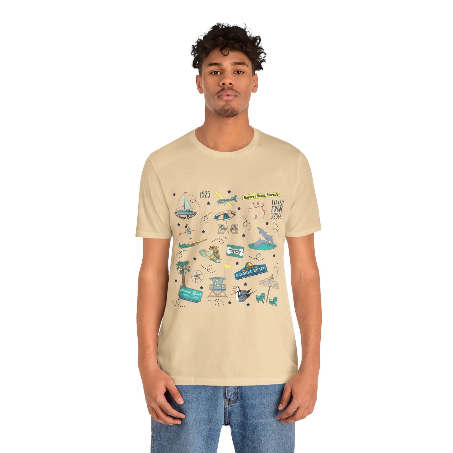 Unisex Jersey Short Sleeve Tee with Navarre Beach Florida FL landmarks print