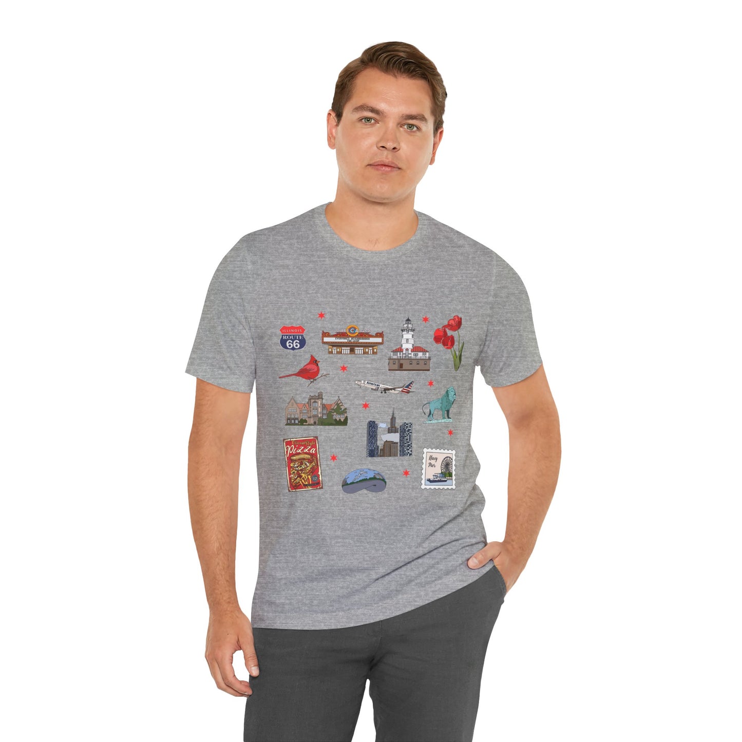 Unisex Jersey Short Sleeve Tee with Chicago, Illinois IL landmarks print