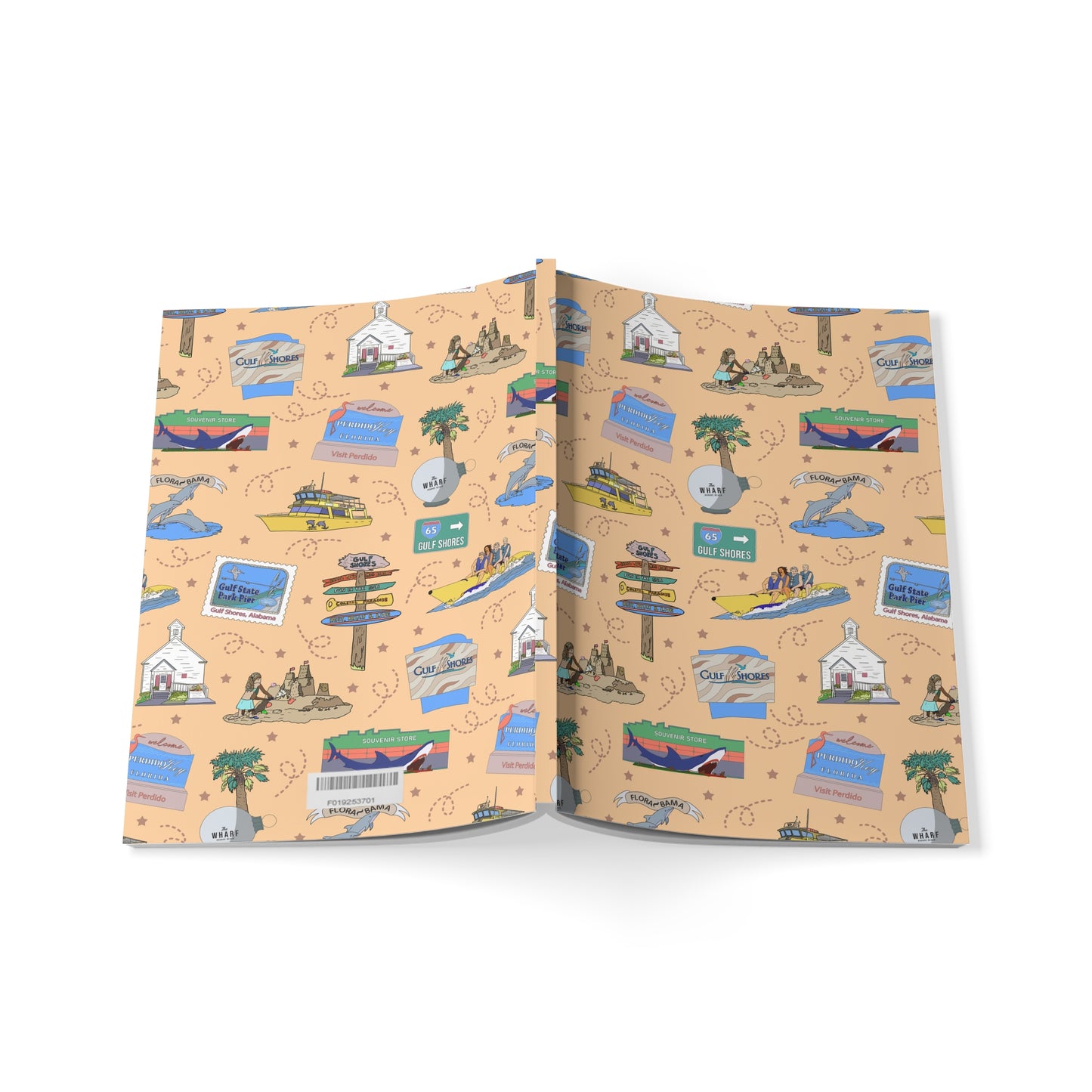 Paperback notebook with Gulf Shores, Orange Beach of Alabama AL & Perdido Key of Florida FL landmarks in peach 150 lined pages