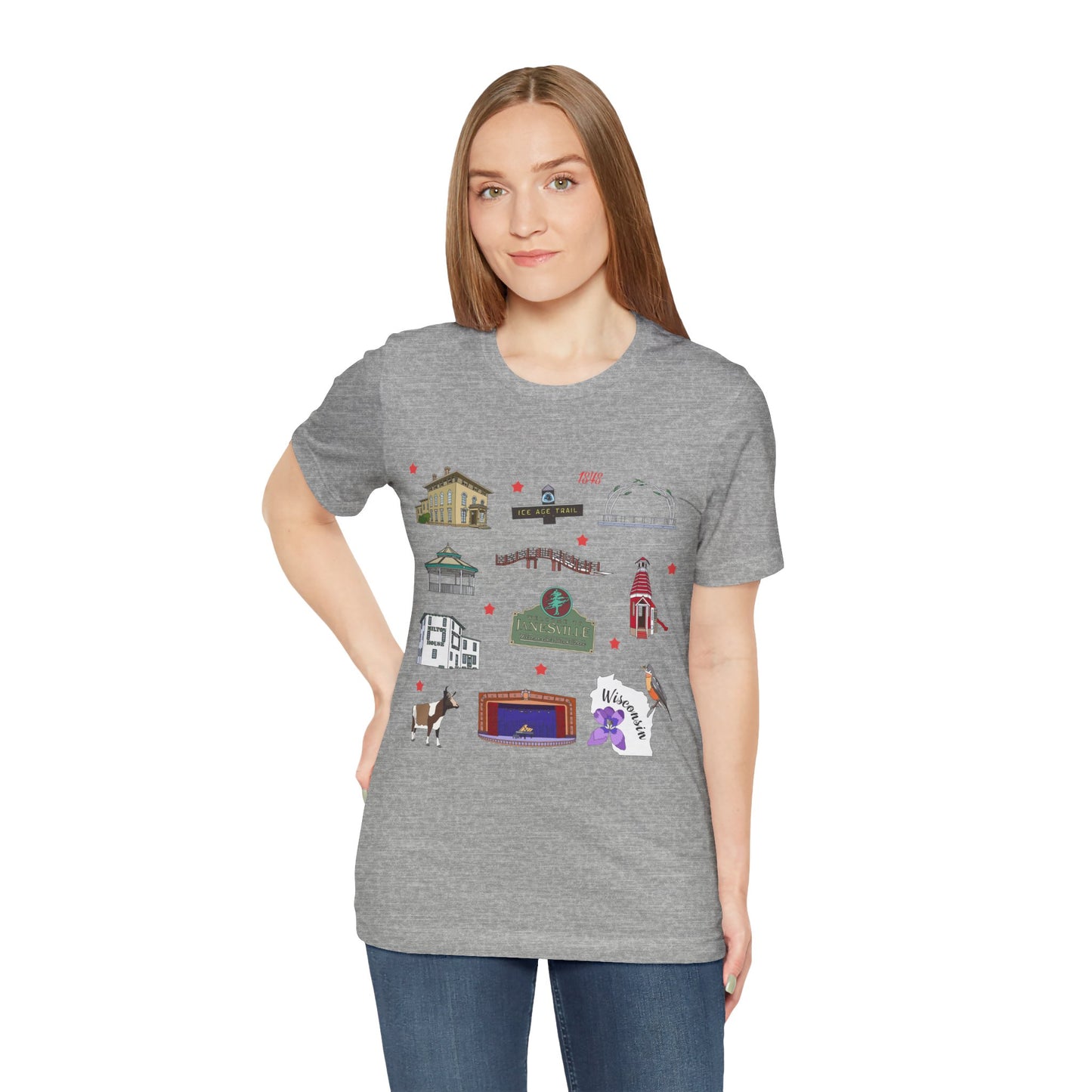 Unisex Jersey Short Sleeve Tee with Janesville, Wisconsin WI landmarks print
