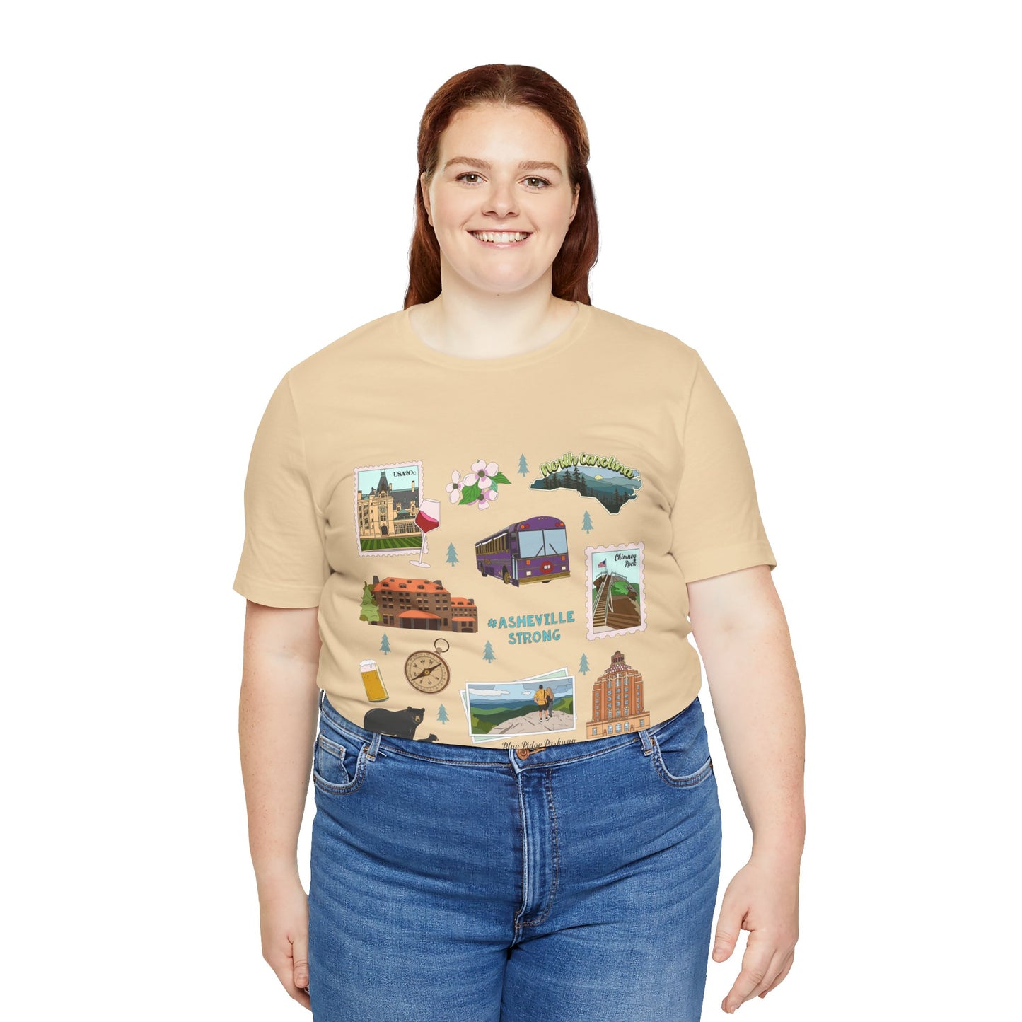 Unisex Jersey Short Sleeve Tee with Asheville, North Carolina NC landmarks print