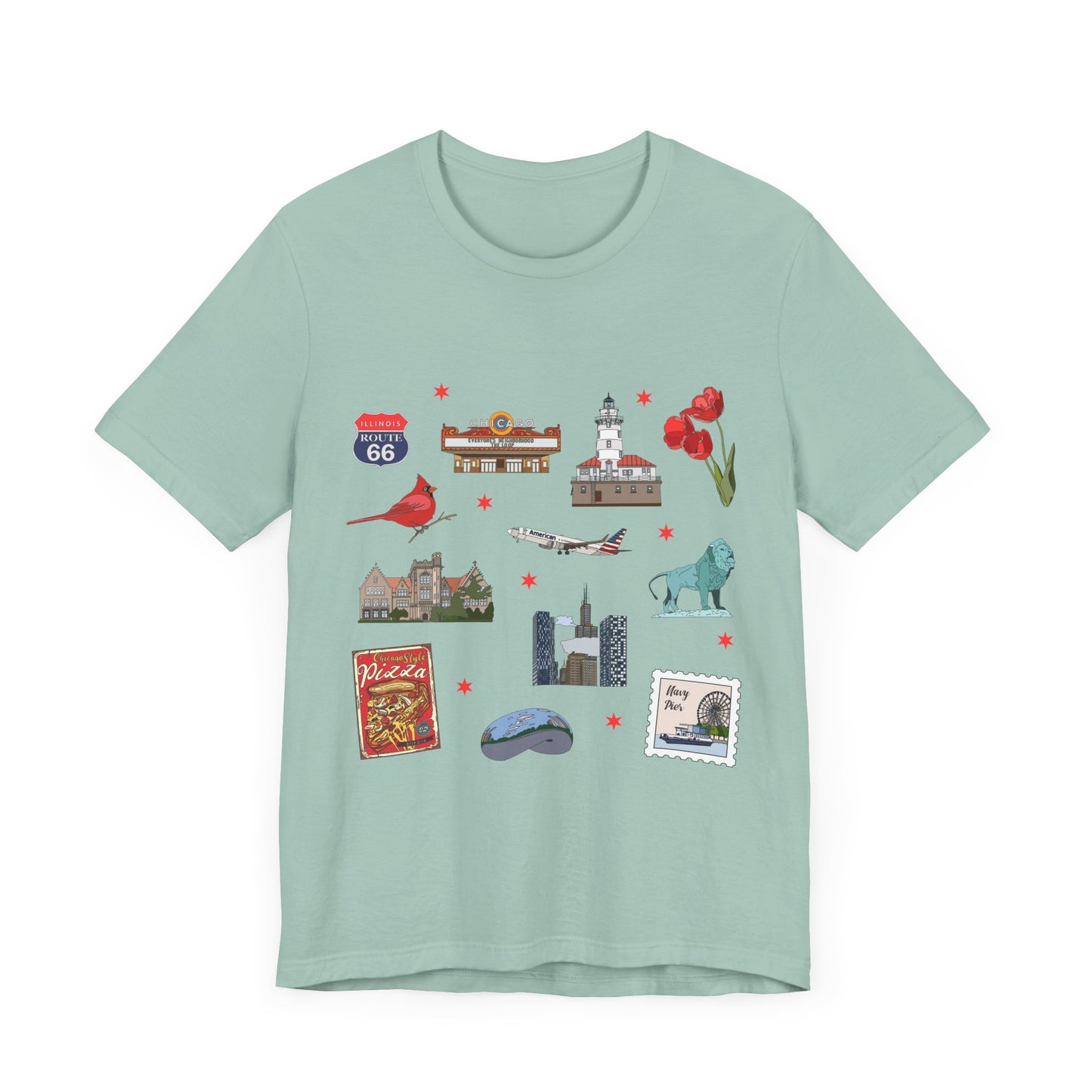 Unisex Jersey Short Sleeve Tee with Chicago, Illinois IL landmarks print