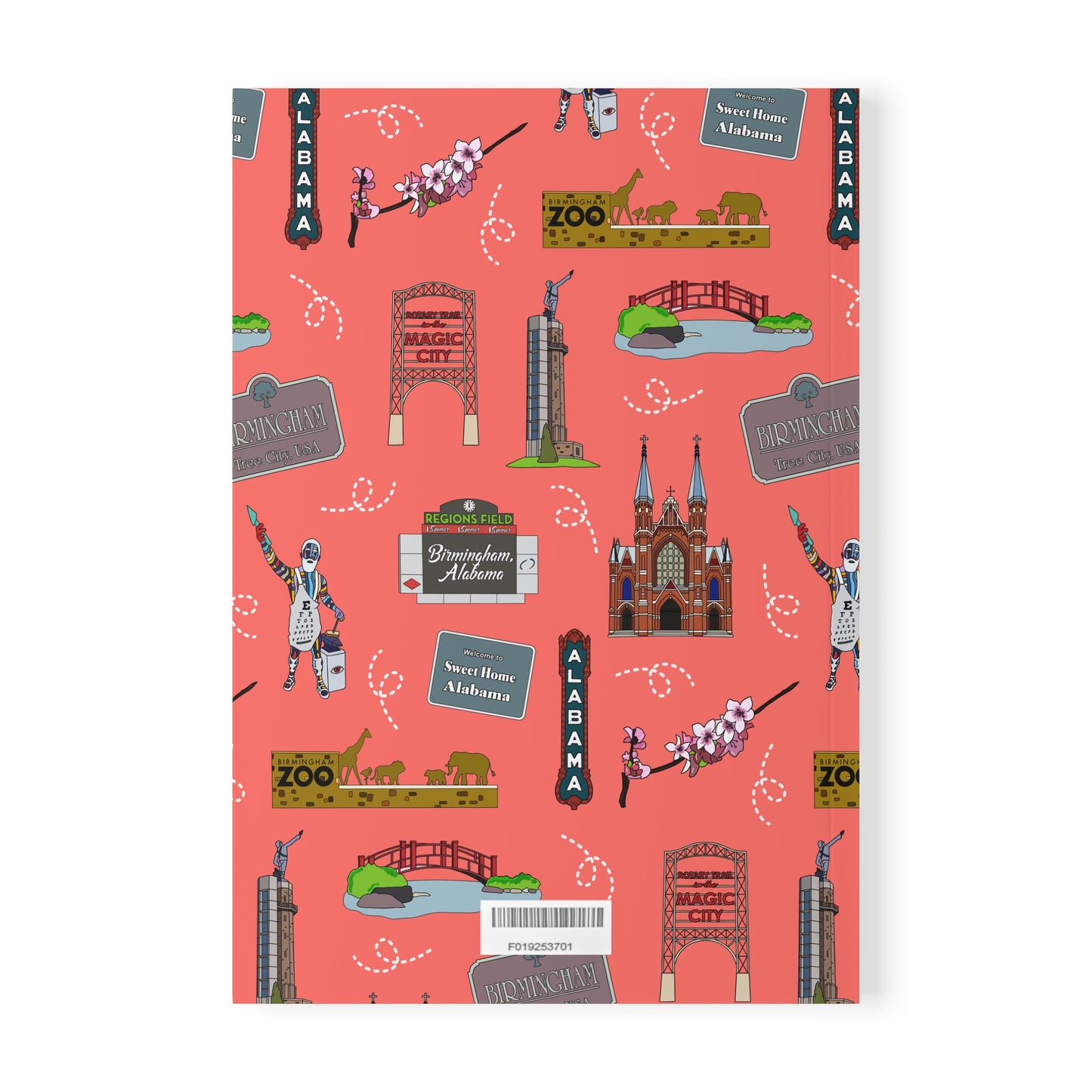 Paperback notebook with Birmingham, AL landmarks in salmon 150 lined pages