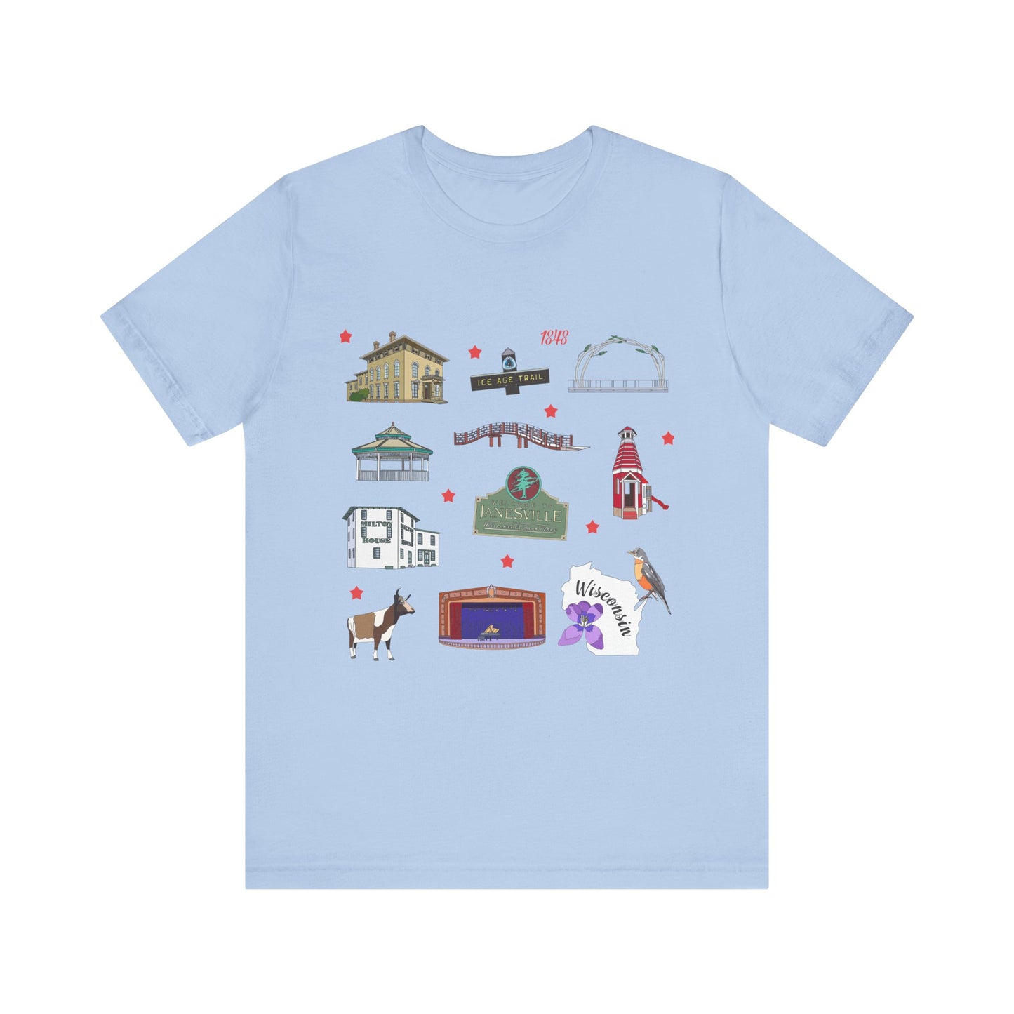 Unisex Jersey Short Sleeve Tee with Janesville, Wisconsin WI landmarks print