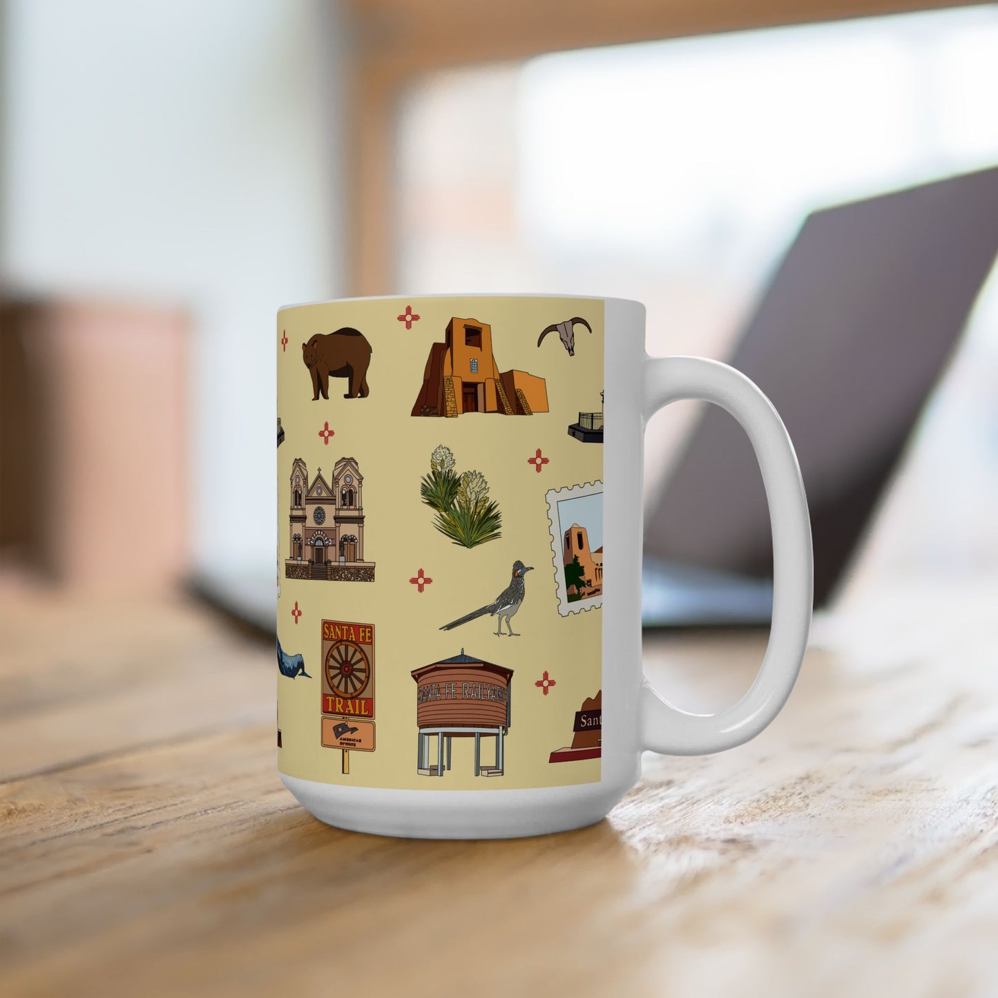 Ceramic Mug 15oz with Santa Fe, New Mexico NM in crayola's lemon yellow