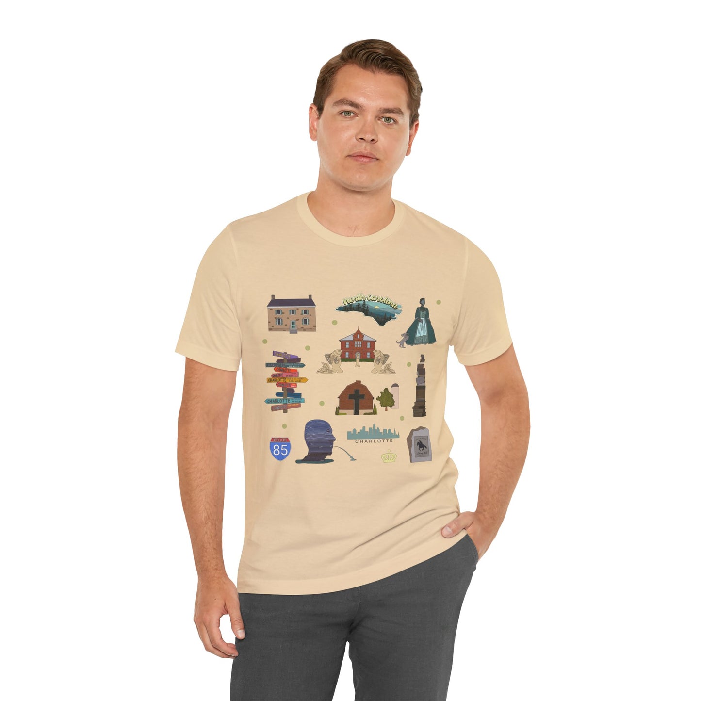 Unisex Jersey Short Sleeve Tee with Charlotte, North Carolina NC landmarks print